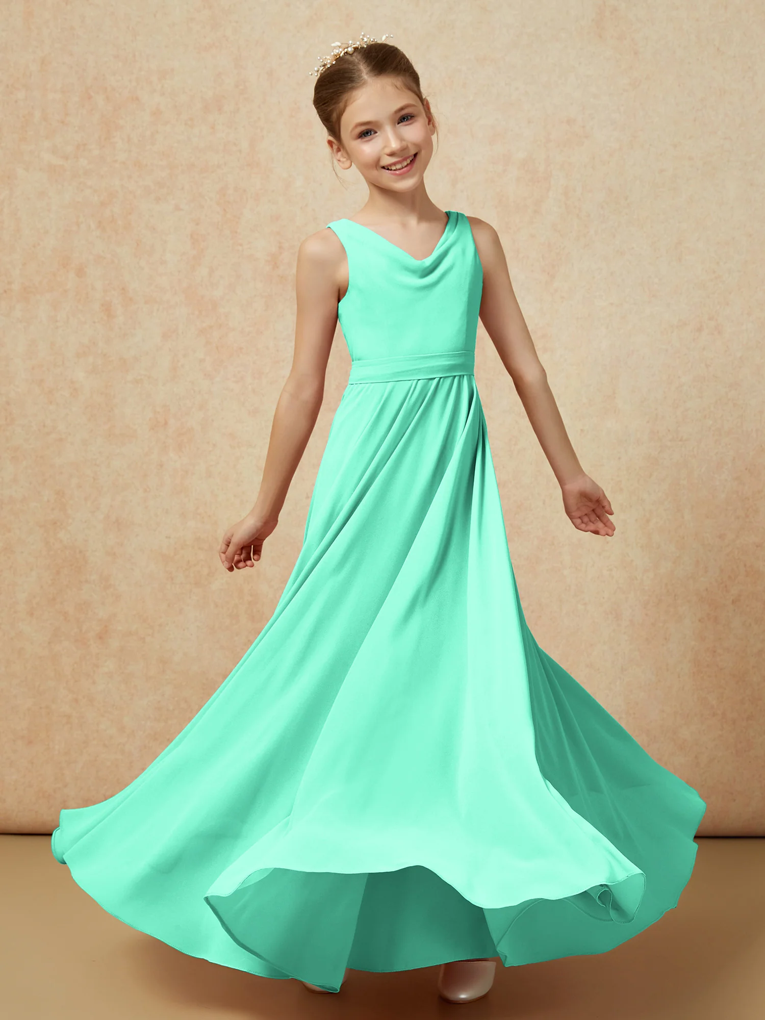 V-neck Chiffon Long Junior Bridesmaid Dress With Belt Turquoise - Image 6
