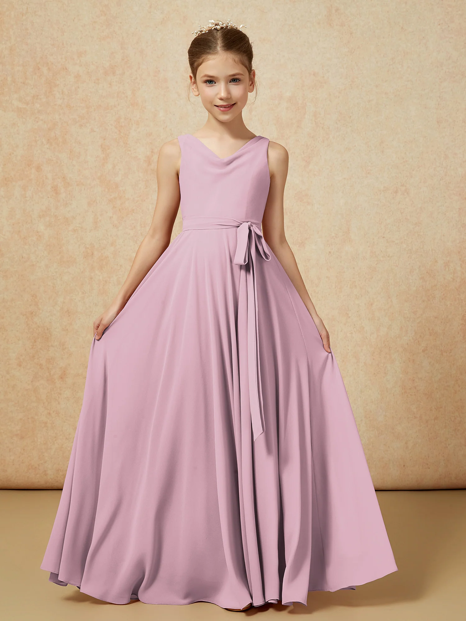 V-neck Chiffon Long Junior Bridesmaid Dress With Belt Vintage Mauve