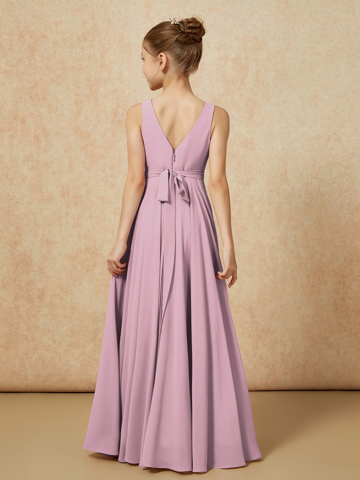 V-neck Chiffon Long Junior Bridesmaid Dress With Belt Vintage Mauve - Image 2