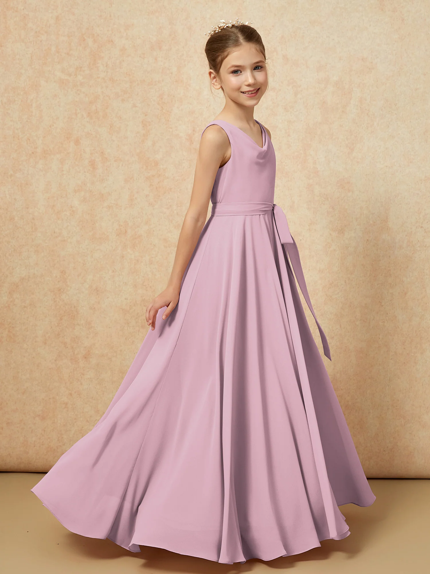 V-neck Chiffon Long Junior Bridesmaid Dress With Belt Vintage Mauve - Image 3