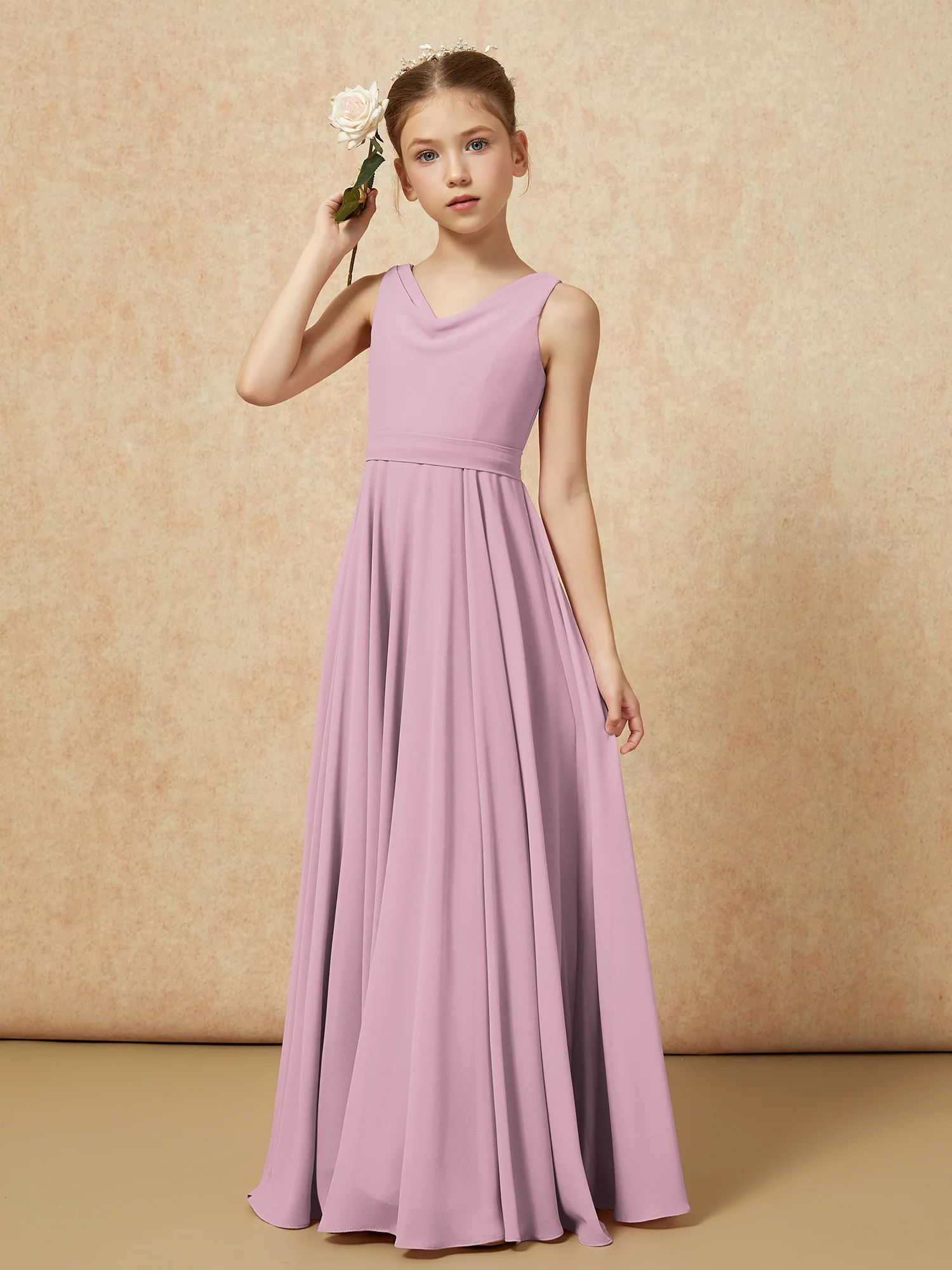 V-neck Chiffon Long Junior Bridesmaid Dress With Belt Vintage Mauve - Image 4
