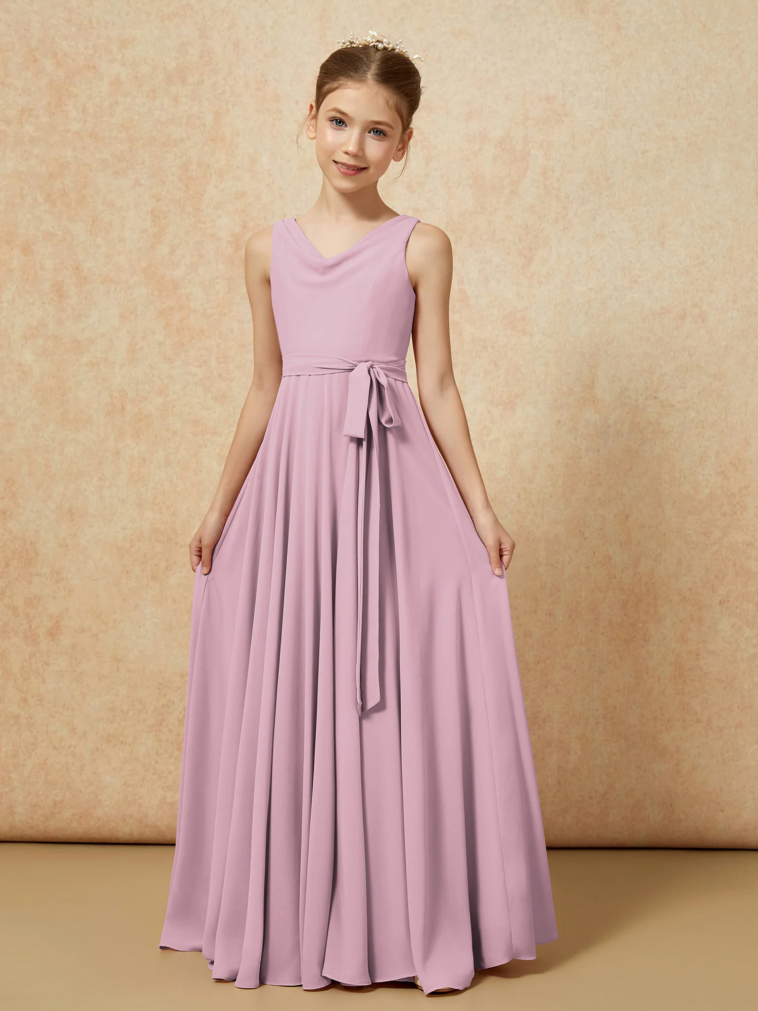 V-neck Chiffon Long Junior Bridesmaid Dress With Belt Vintage Mauve - Image 5