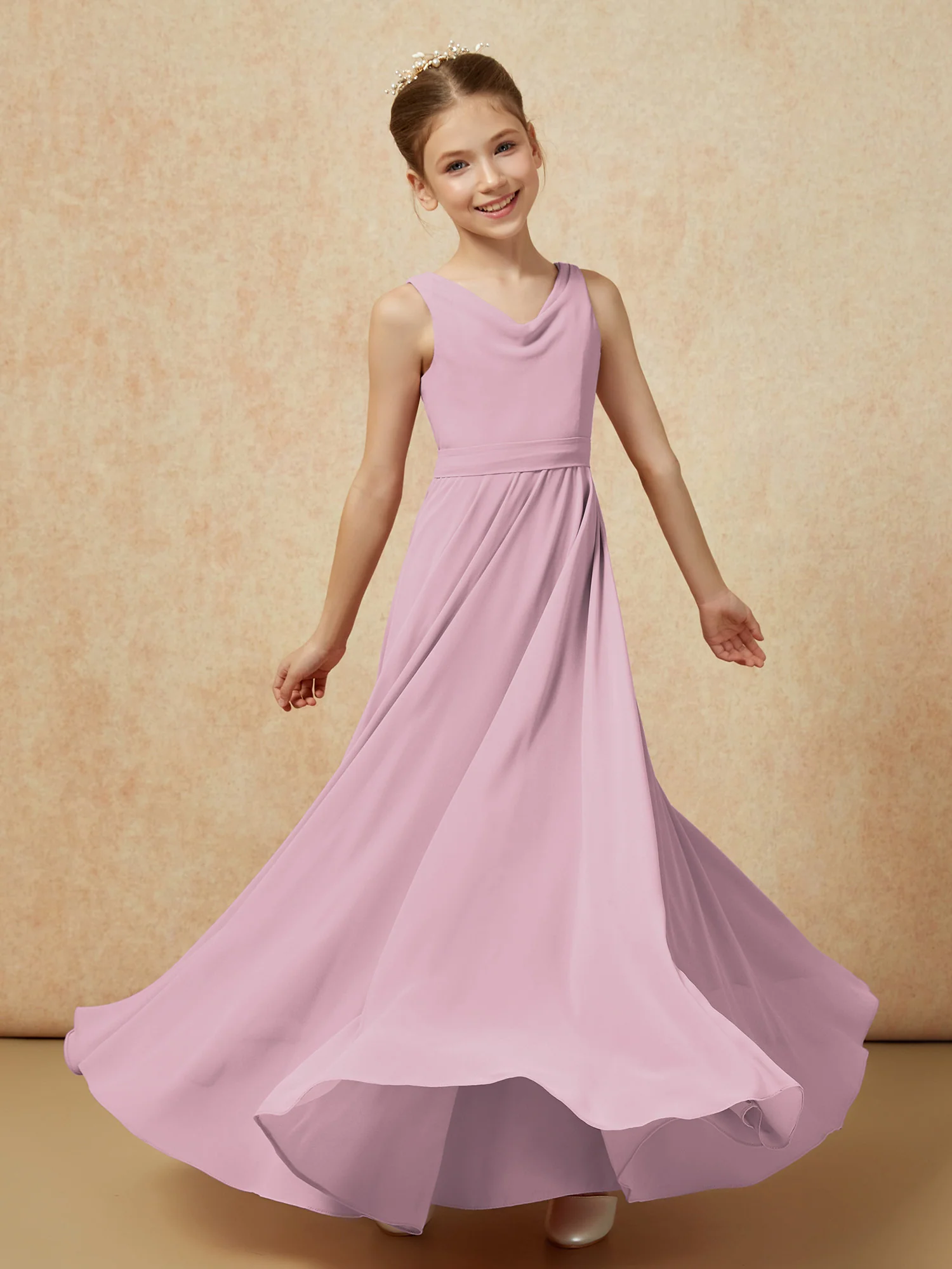 V-neck Chiffon Long Junior Bridesmaid Dress With Belt Vintage Mauve - Image 6