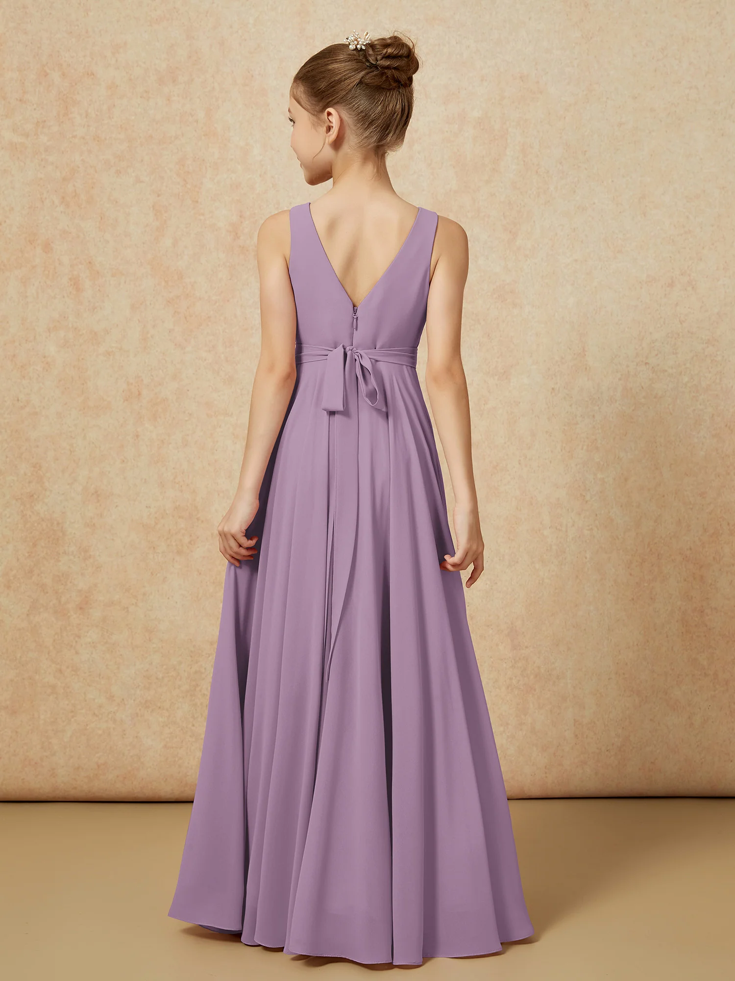 V-neck Chiffon Long Junior Bridesmaid Dress With Belt Wisteria - Image 2