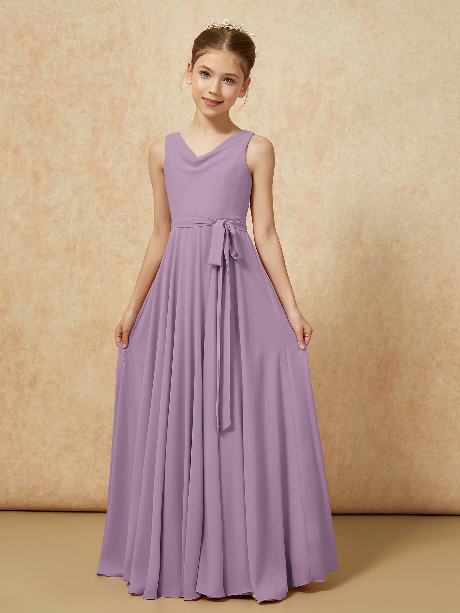 V-neck Chiffon Long Junior Bridesmaid Dress With Belt Wisteria - Image 5