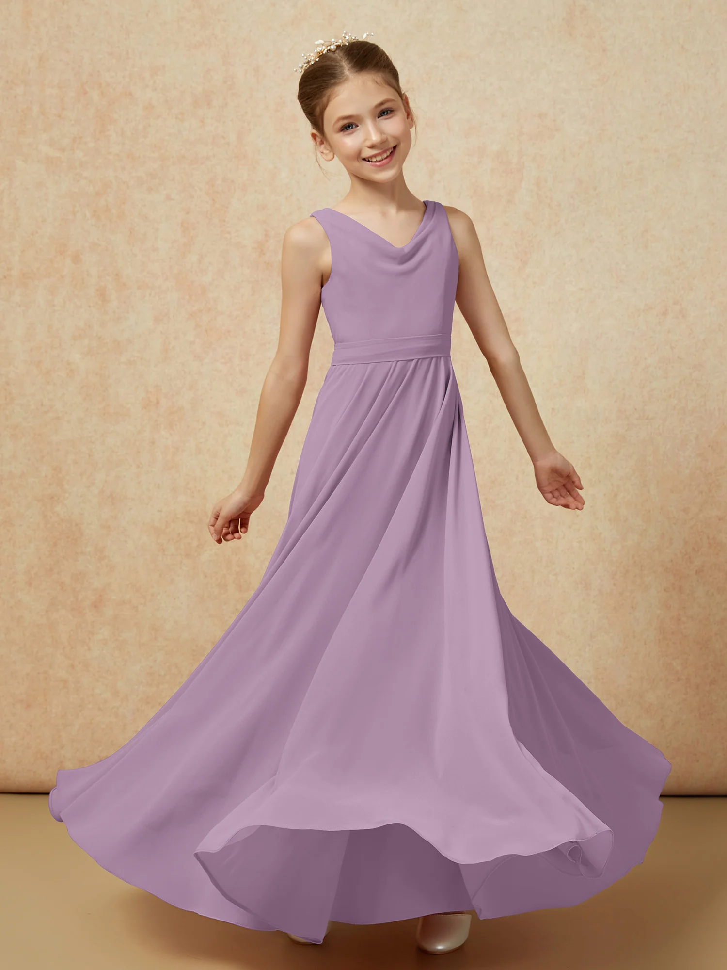 V-neck Chiffon Long Junior Bridesmaid Dress With Belt Wisteria - Image 6