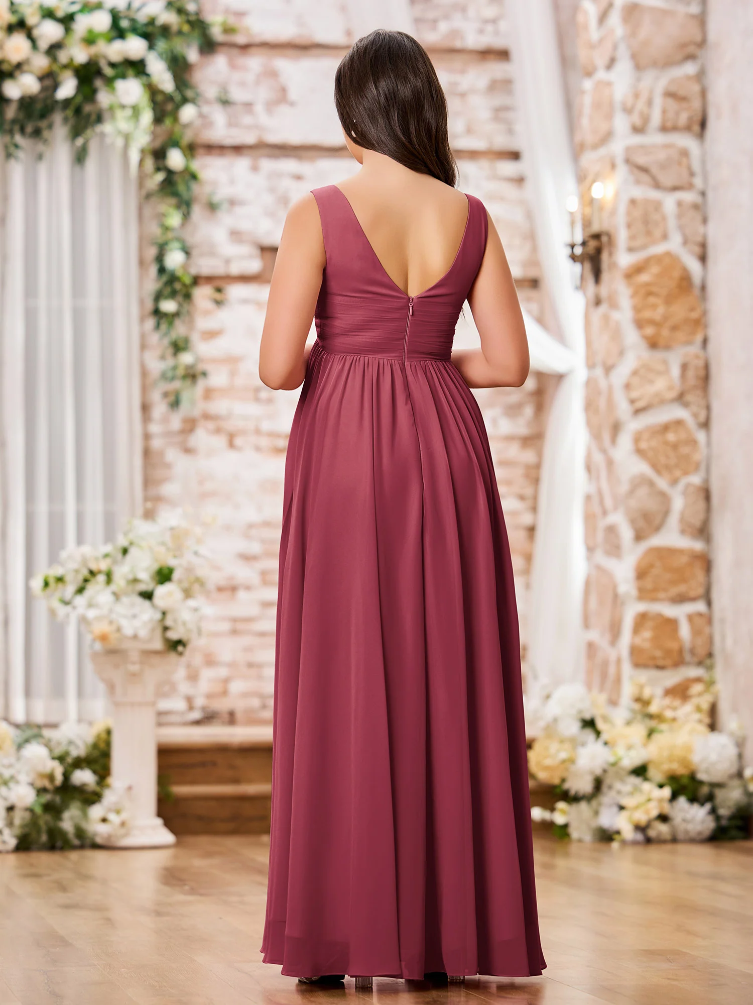 V-neck Cross Pleated Chiffon A-line Empire Dresses Cinnamon Rose - Image 2
