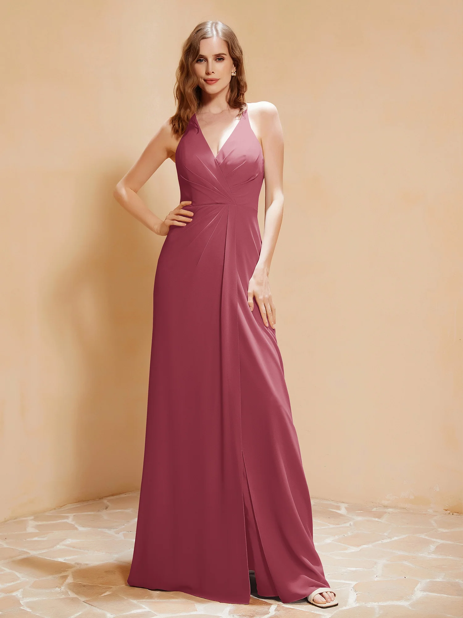 V-neck Floor-length Dress With Silt Cinnamon Rose