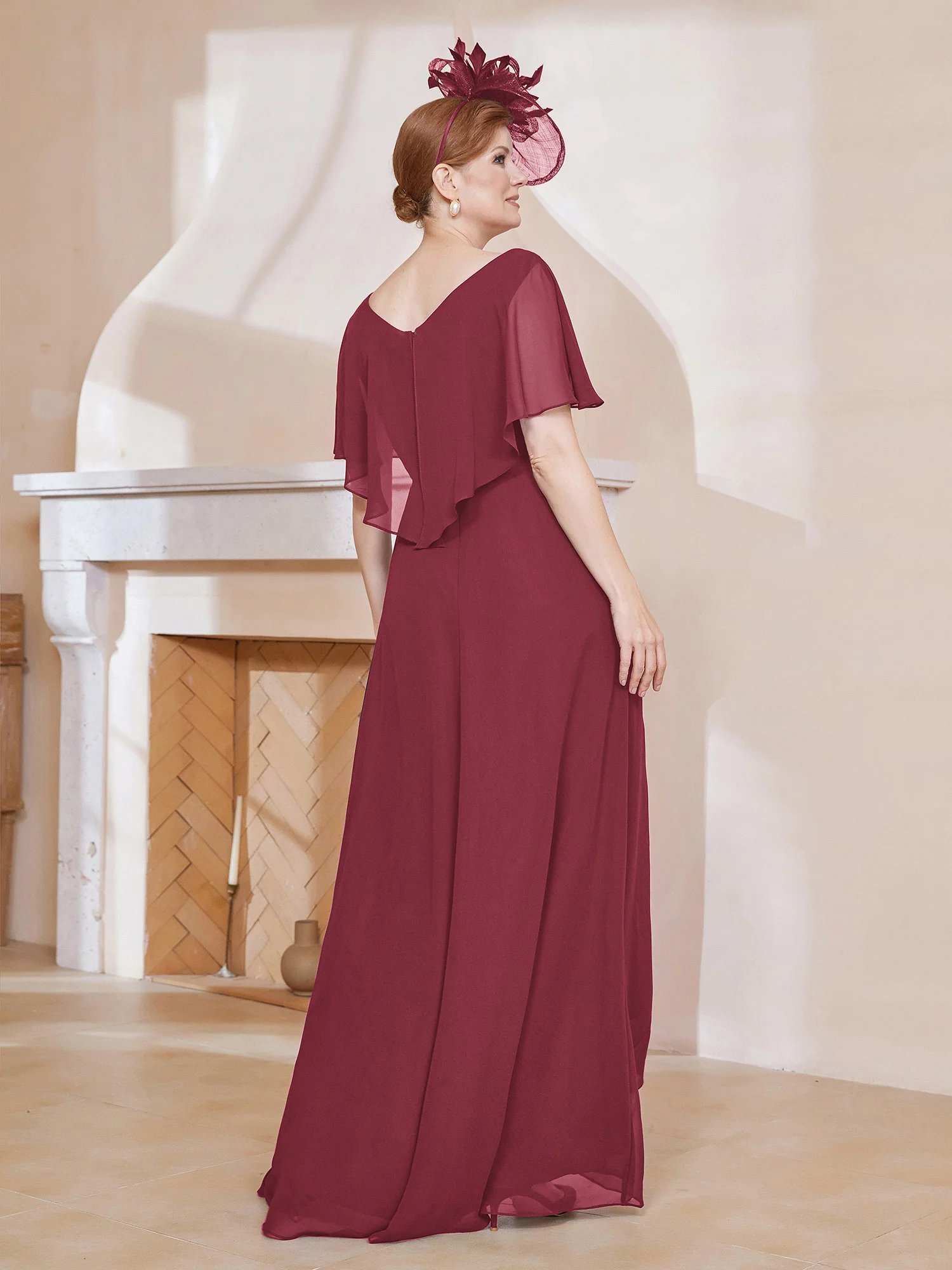 V-neck Flutter Sleeves Asymmetrical Dress Cinnamon Rose - Image 2