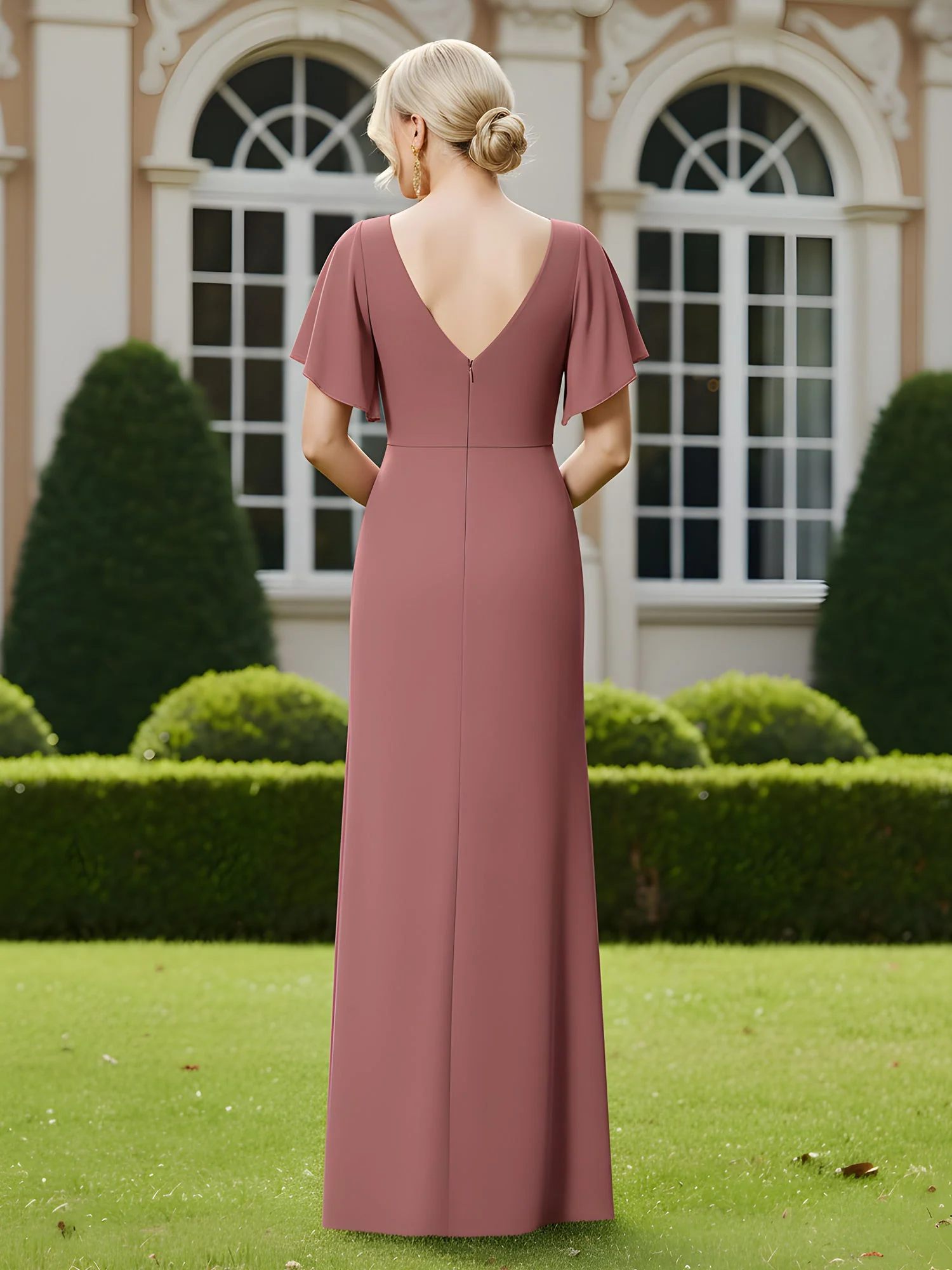 V-neck Flutter Sleeves Pleated Floor-Length Dress Lavender - Image 2