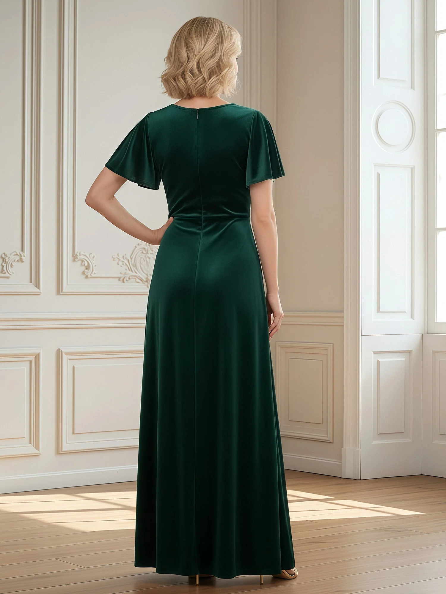 V-neck Flutter Sleeves Velvet Floor-length Dress With Slit Red - Image 2