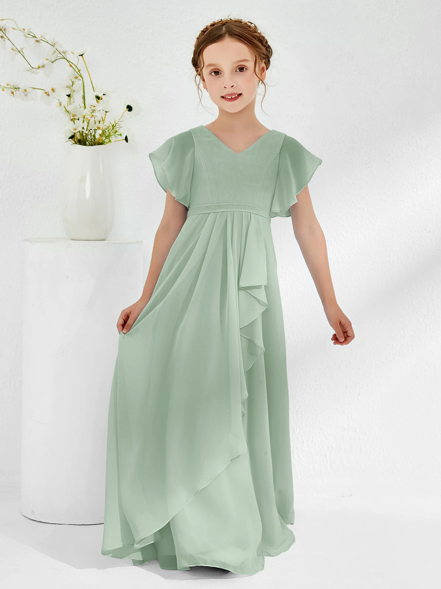 V-neck Junior Bridesmaid Dresses with Flutter Sleeves Agave