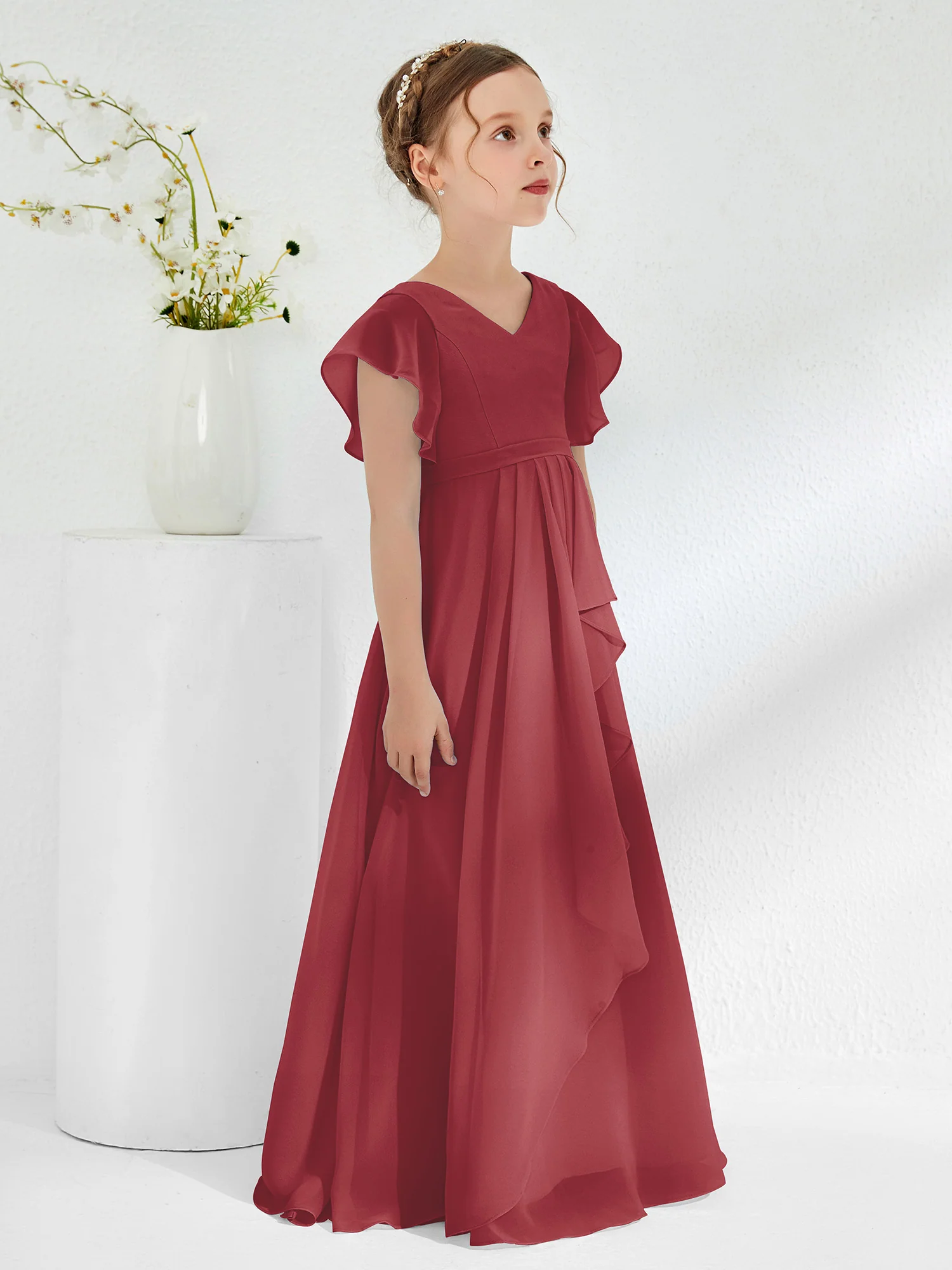 V-neck Junior Bridesmaid Dresses with Flutter Sleeves Cinnamon Rose - Image 3
