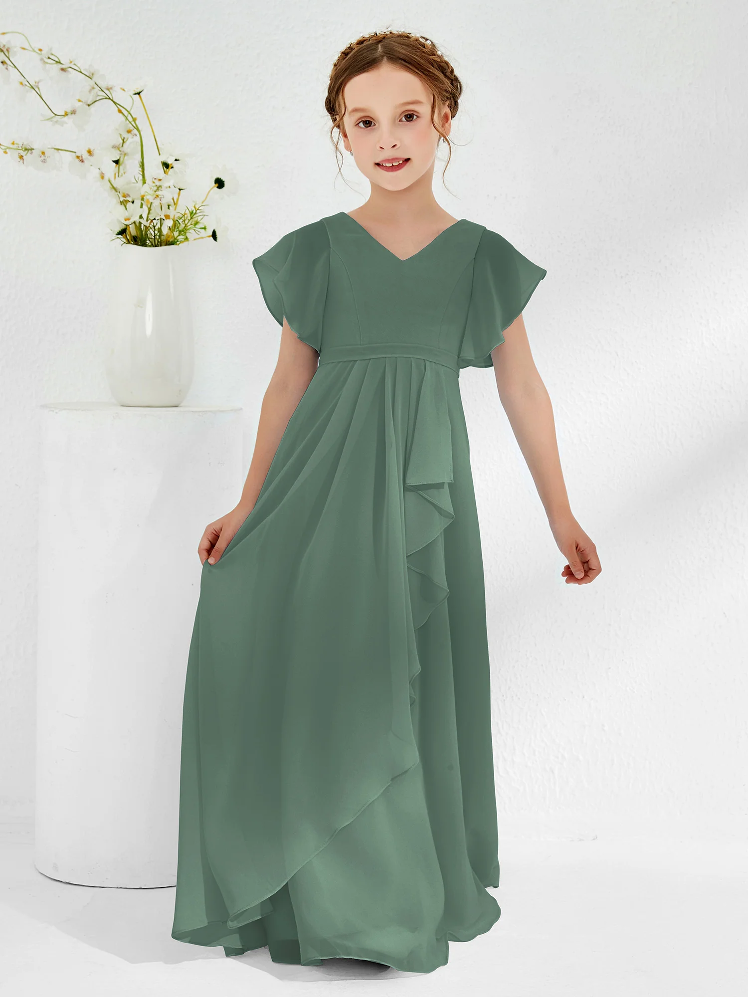 V-neck Junior Bridesmaid Dresses with Flutter Sleeves Eucalyptus