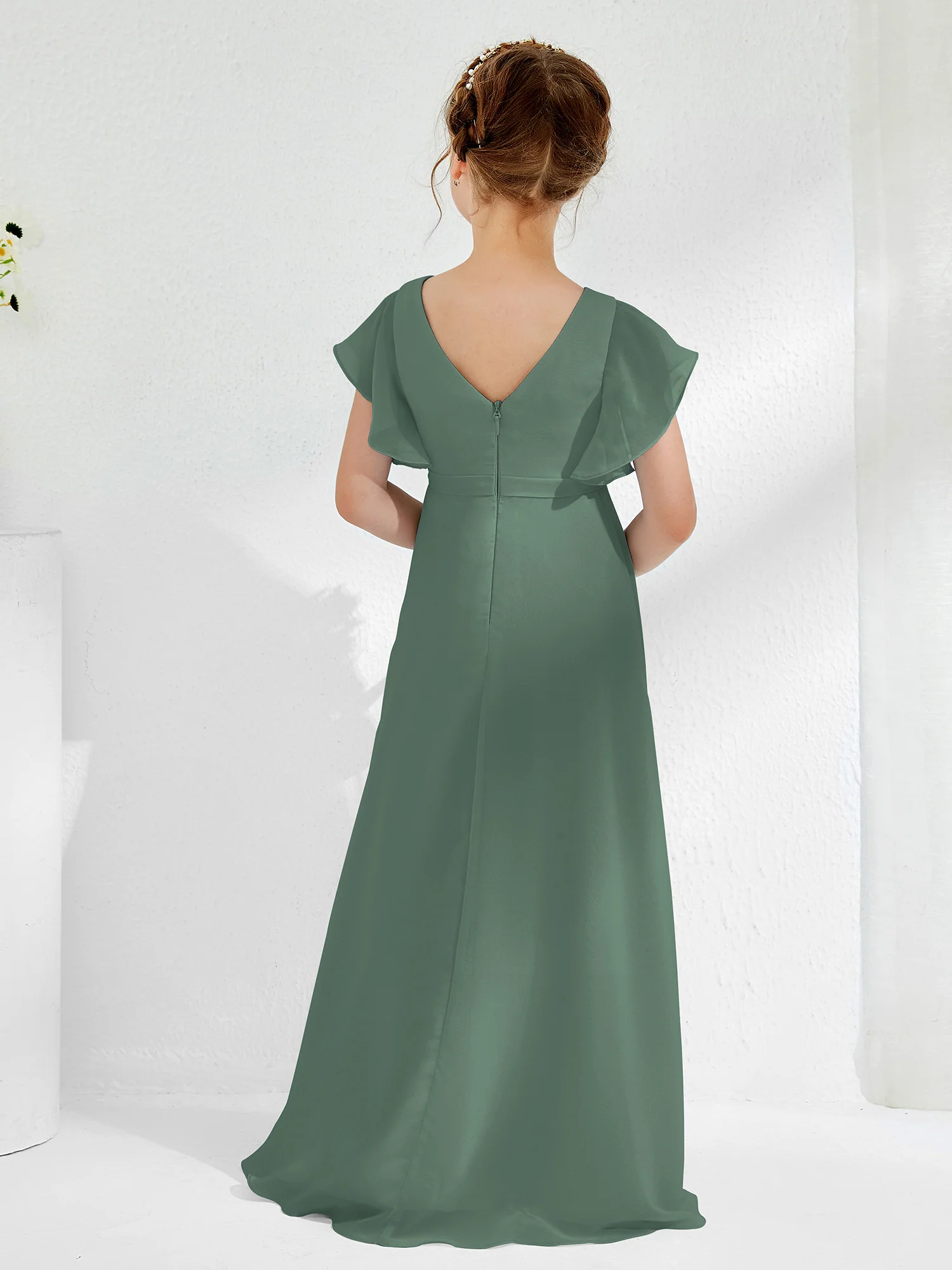 V-neck Junior Bridesmaid Dresses with Flutter Sleeves Eucalyptus - Image 2