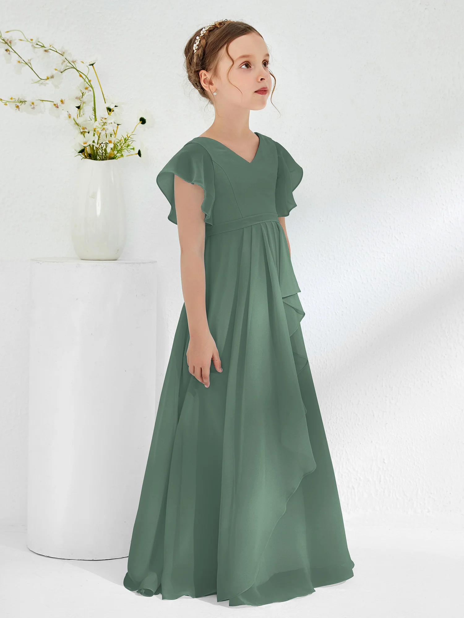V-neck Junior Bridesmaid Dresses with Flutter Sleeves Eucalyptus - Image 3