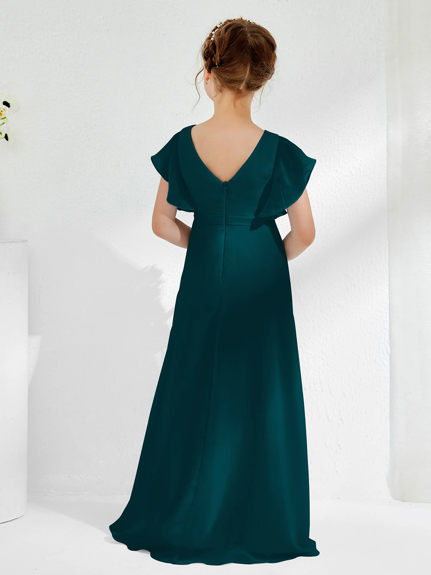 V-neck Junior Bridesmaid Dresses with Flutter Sleeves Pine - Image 2