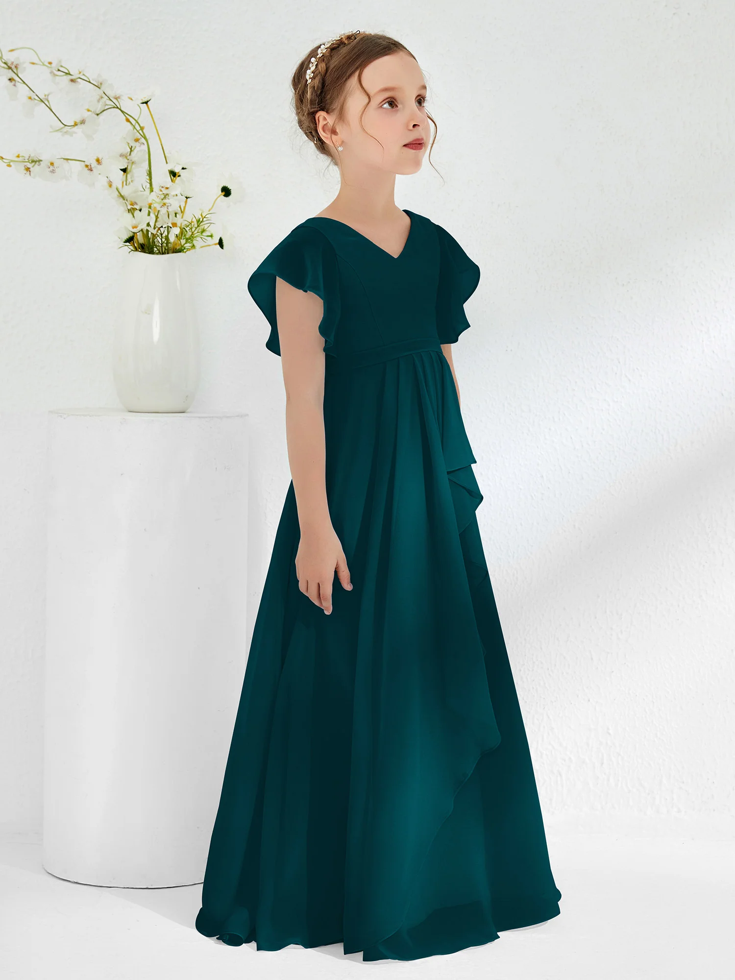 V-neck Junior Bridesmaid Dresses with Flutter Sleeves Pine - Image 3