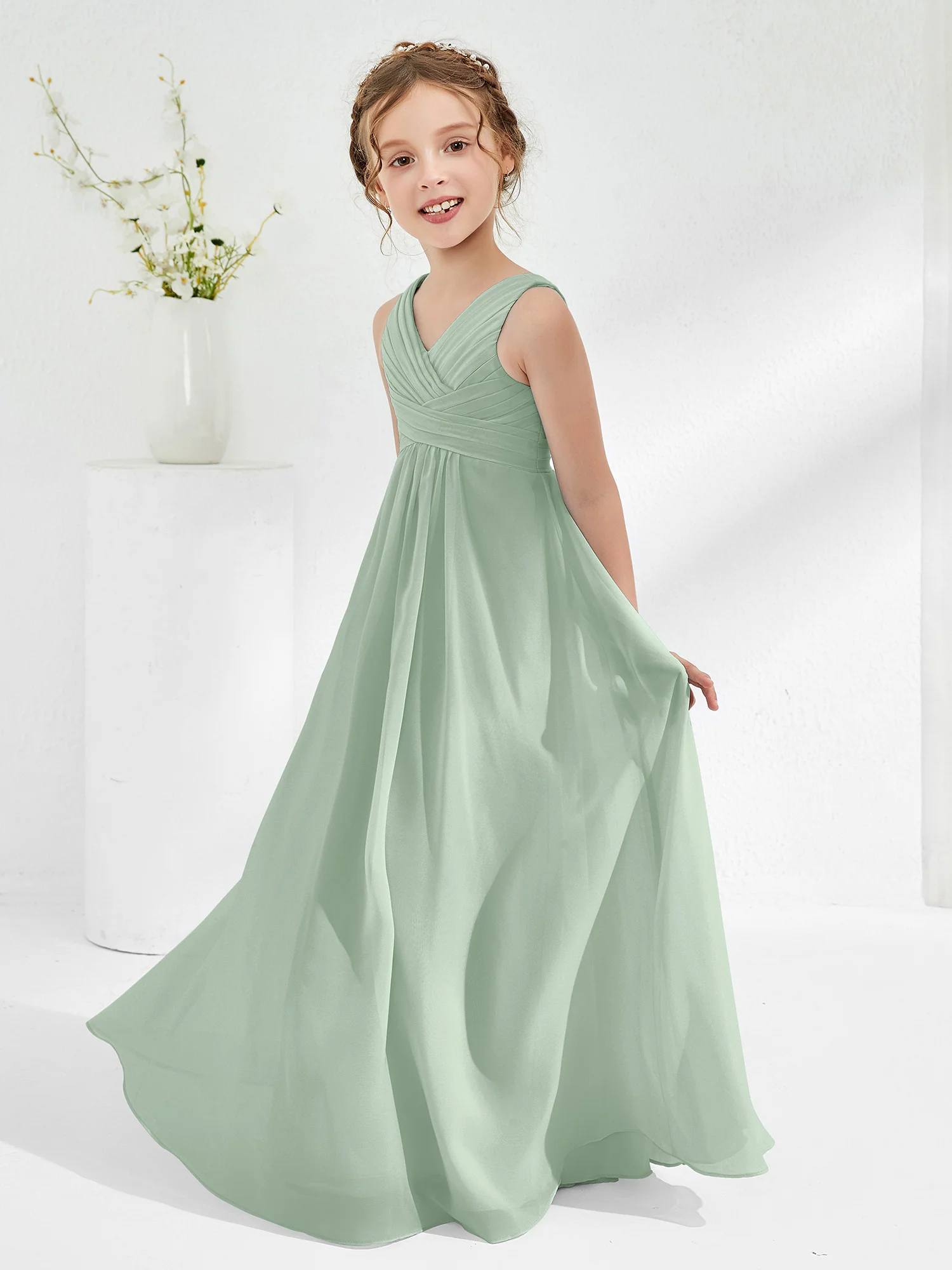 V-neck Junior Bridesmaid Dresses with Pleated Agave - Image 3