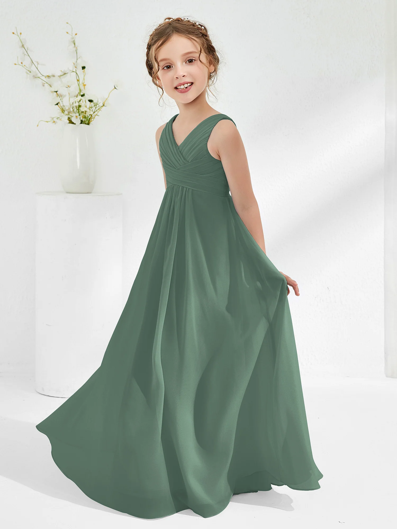 V-neck Junior Bridesmaid Dresses with Pleated Eucalyptus - Image 3
