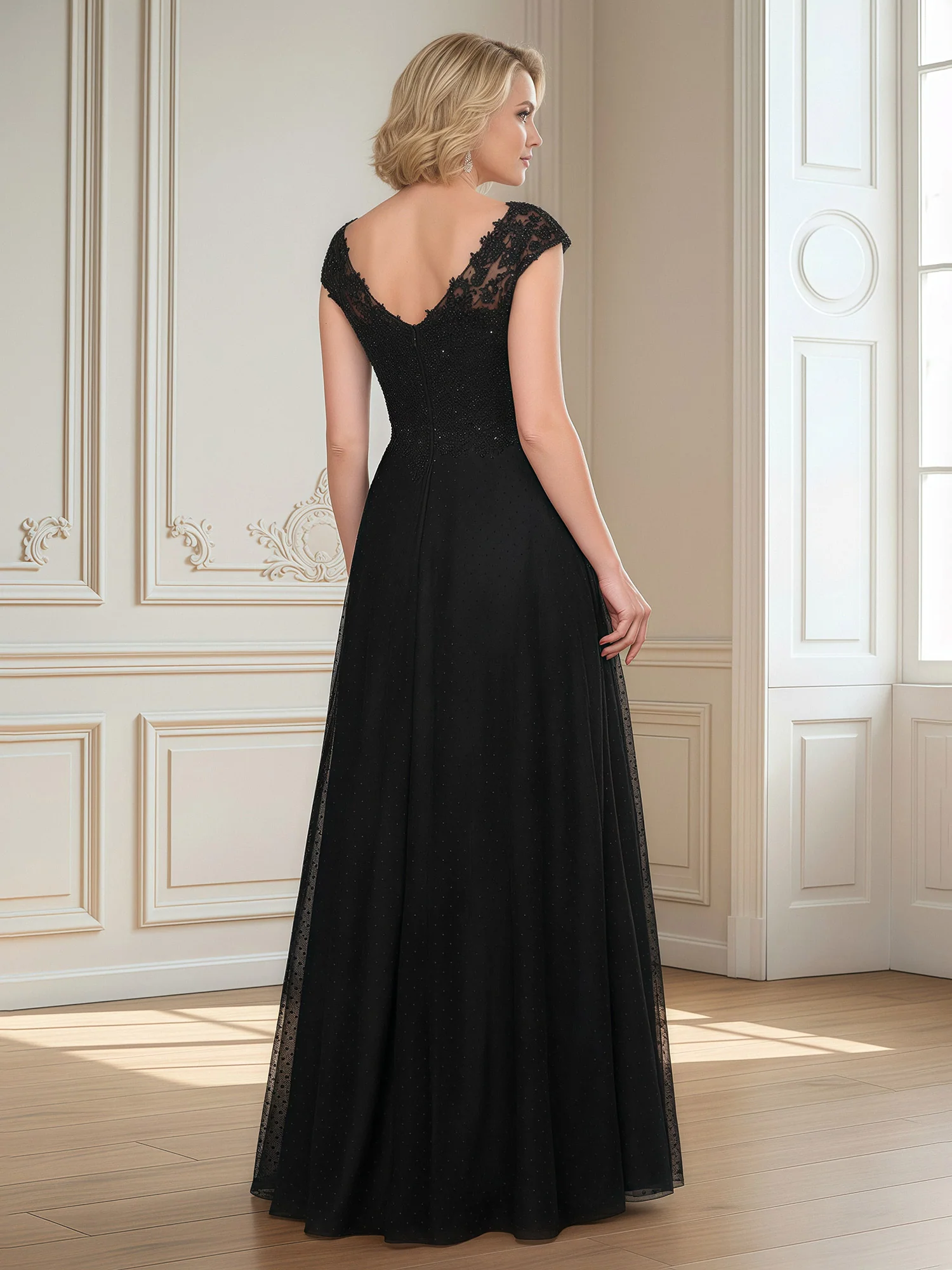 V-neck Lace Beaded Sequins A-Line Long Dress Black - Image 2
