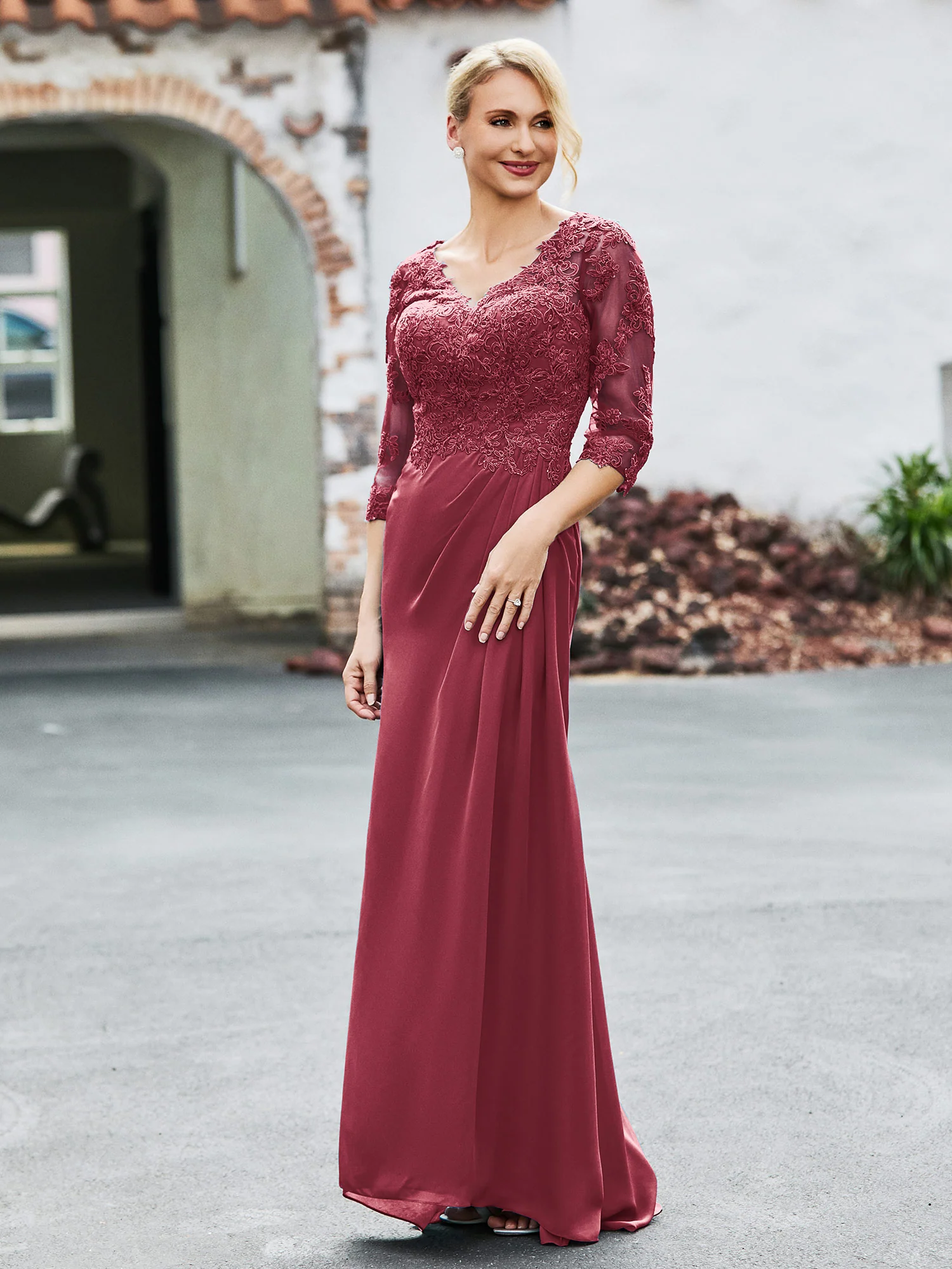 V-Neck Lace Top Half Sleeves Chiffon Dress Cinnamon Rose