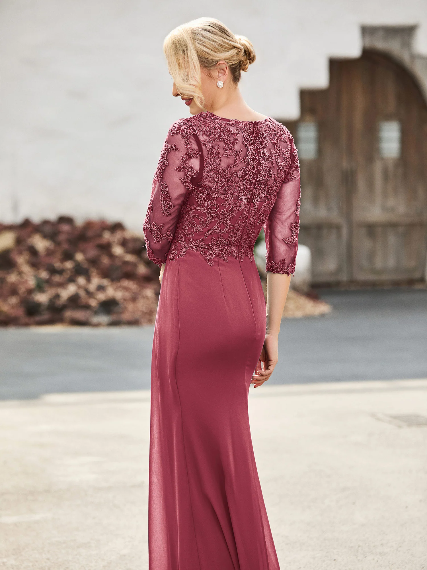 V-Neck Lace Top Half Sleeves Chiffon Dress Cinnamon Rose - Image 2