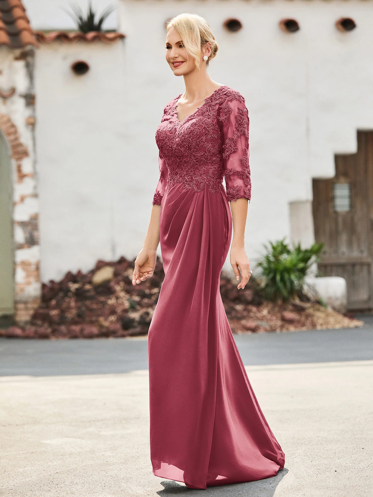 V-Neck Lace Top Half Sleeves Chiffon Dress Cinnamon Rose - Image 3