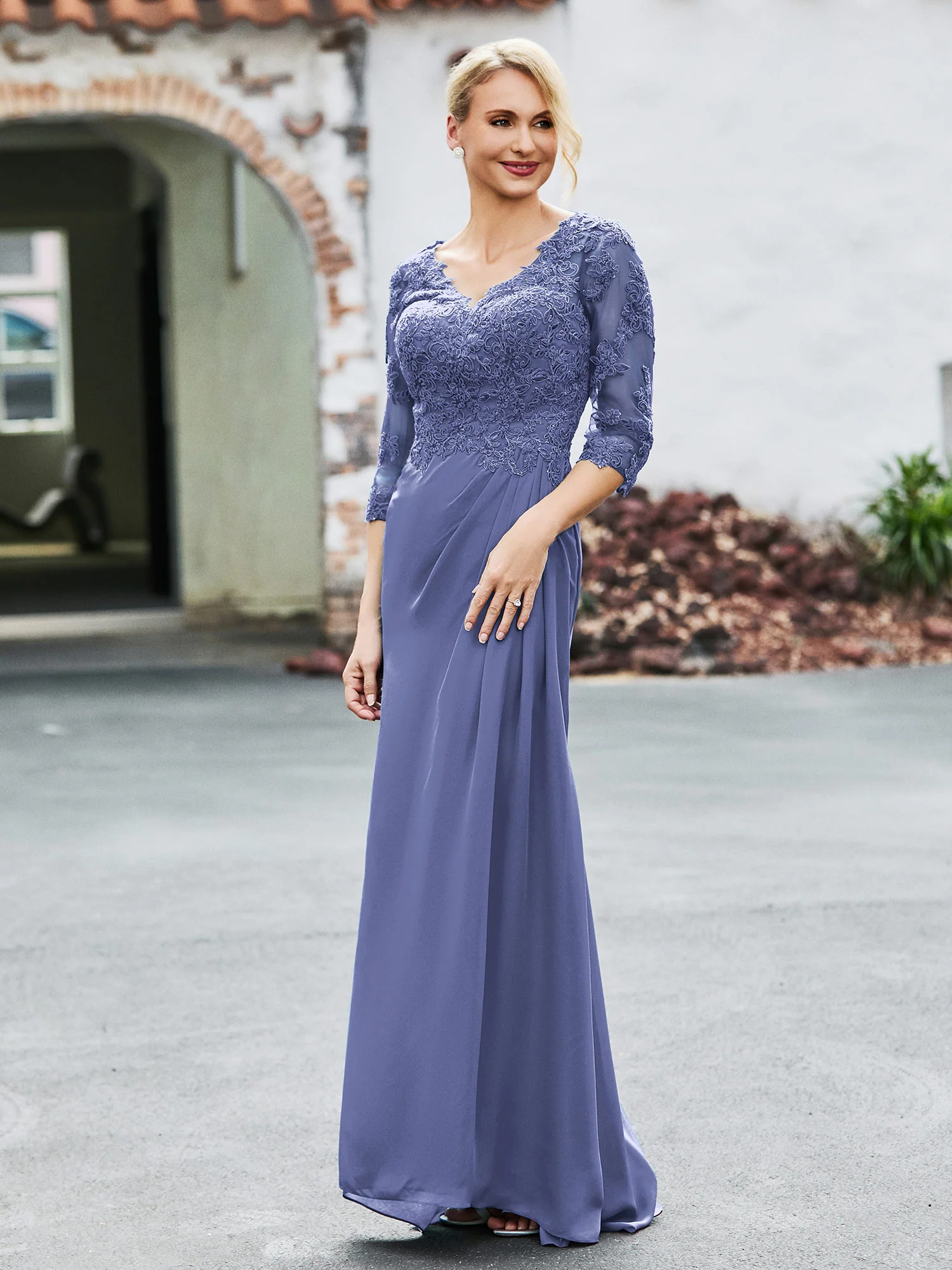 V-Neck Lace Top Half Sleeves Chiffon Dress Periwinkle