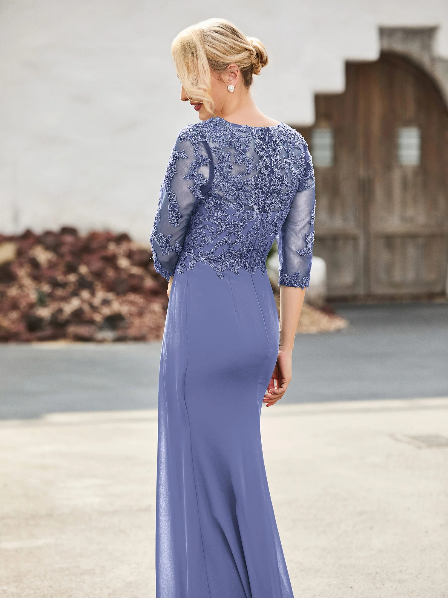 V-Neck Lace Top Half Sleeves Chiffon Dress Periwinkle - Image 2