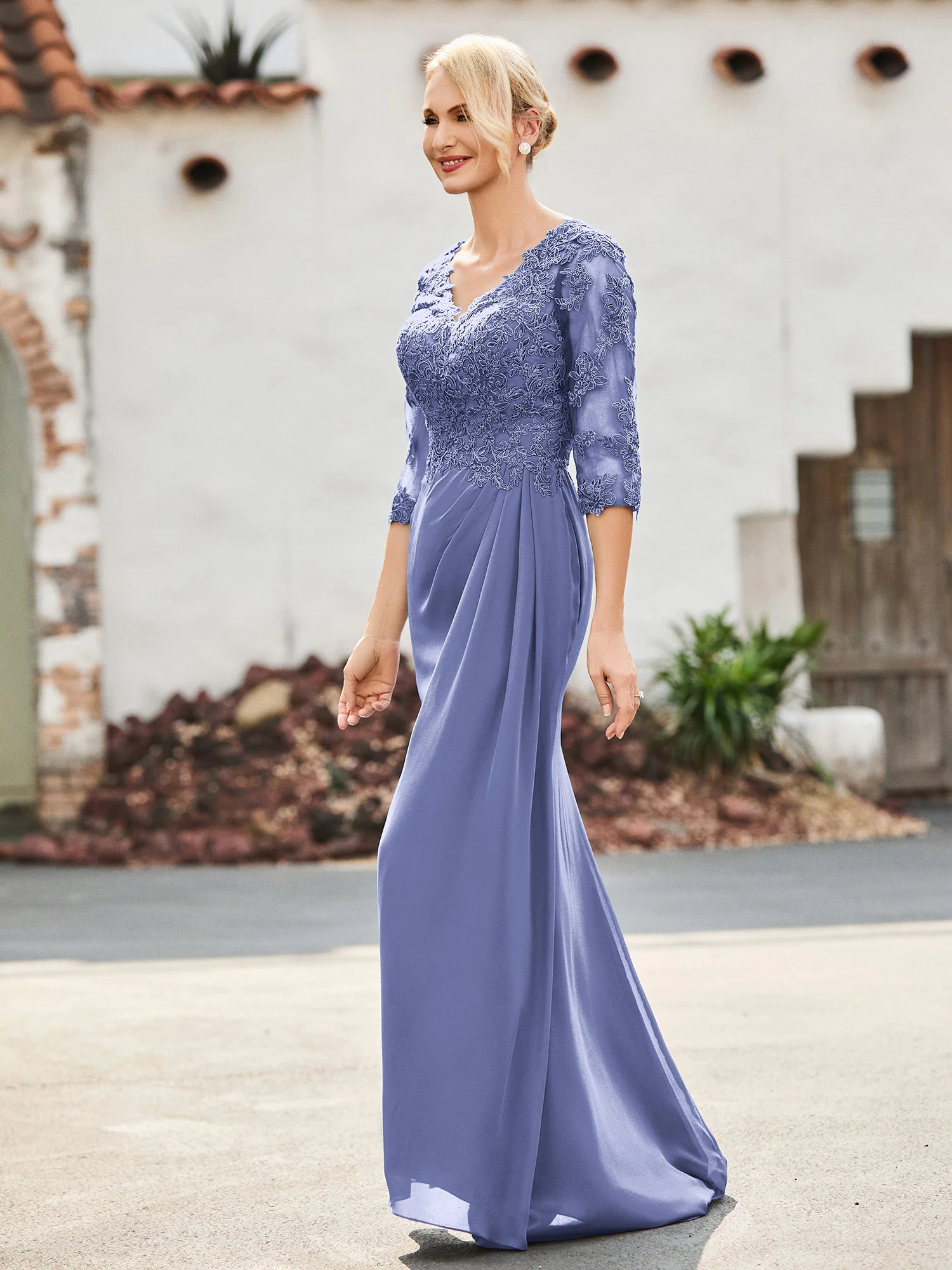 V-Neck Lace Top Half Sleeves Chiffon Dress Periwinkle - Image 3