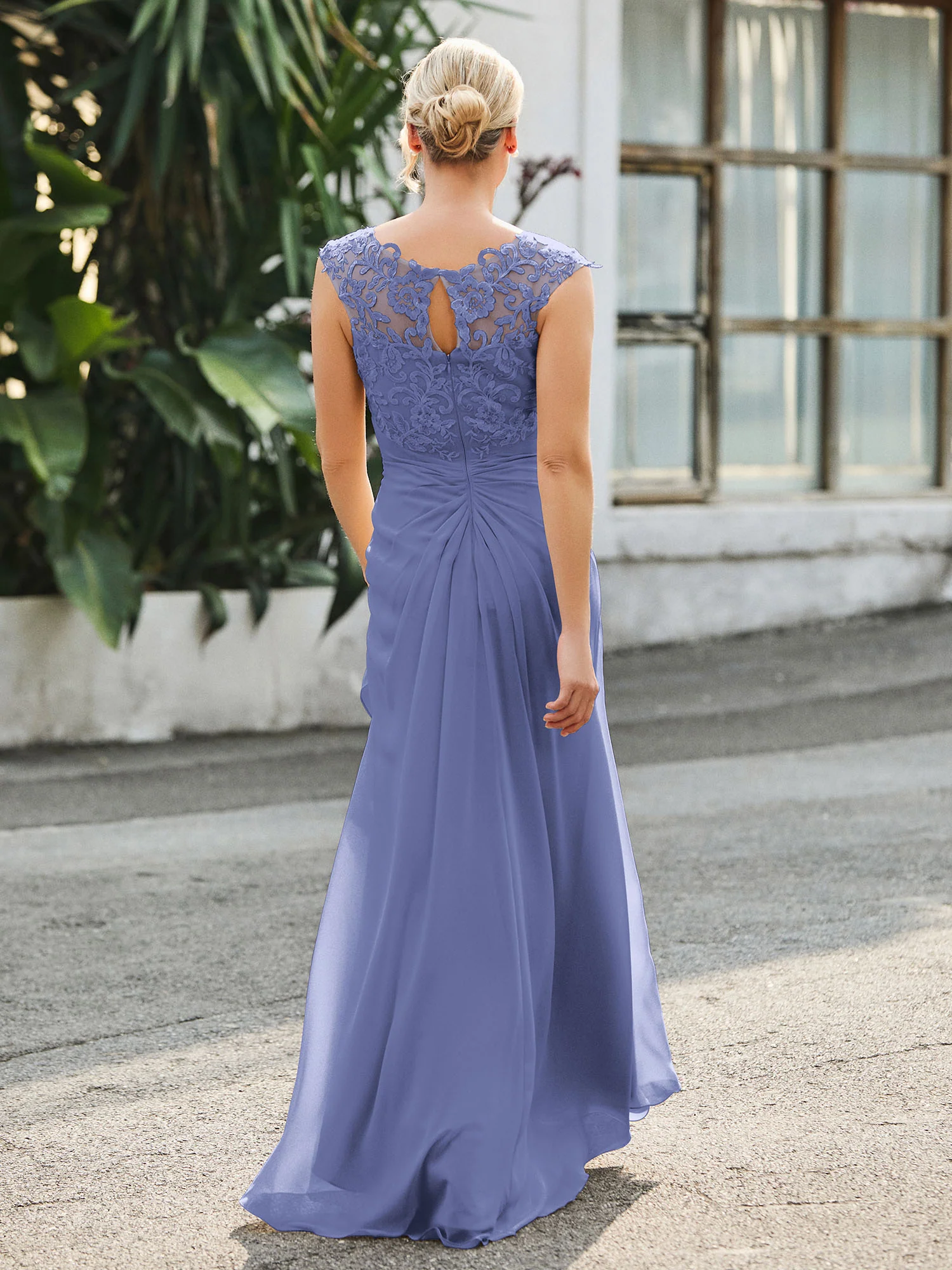 V-neck Lace Top Ruched Sheath Dress Periwinkle - Image 2
