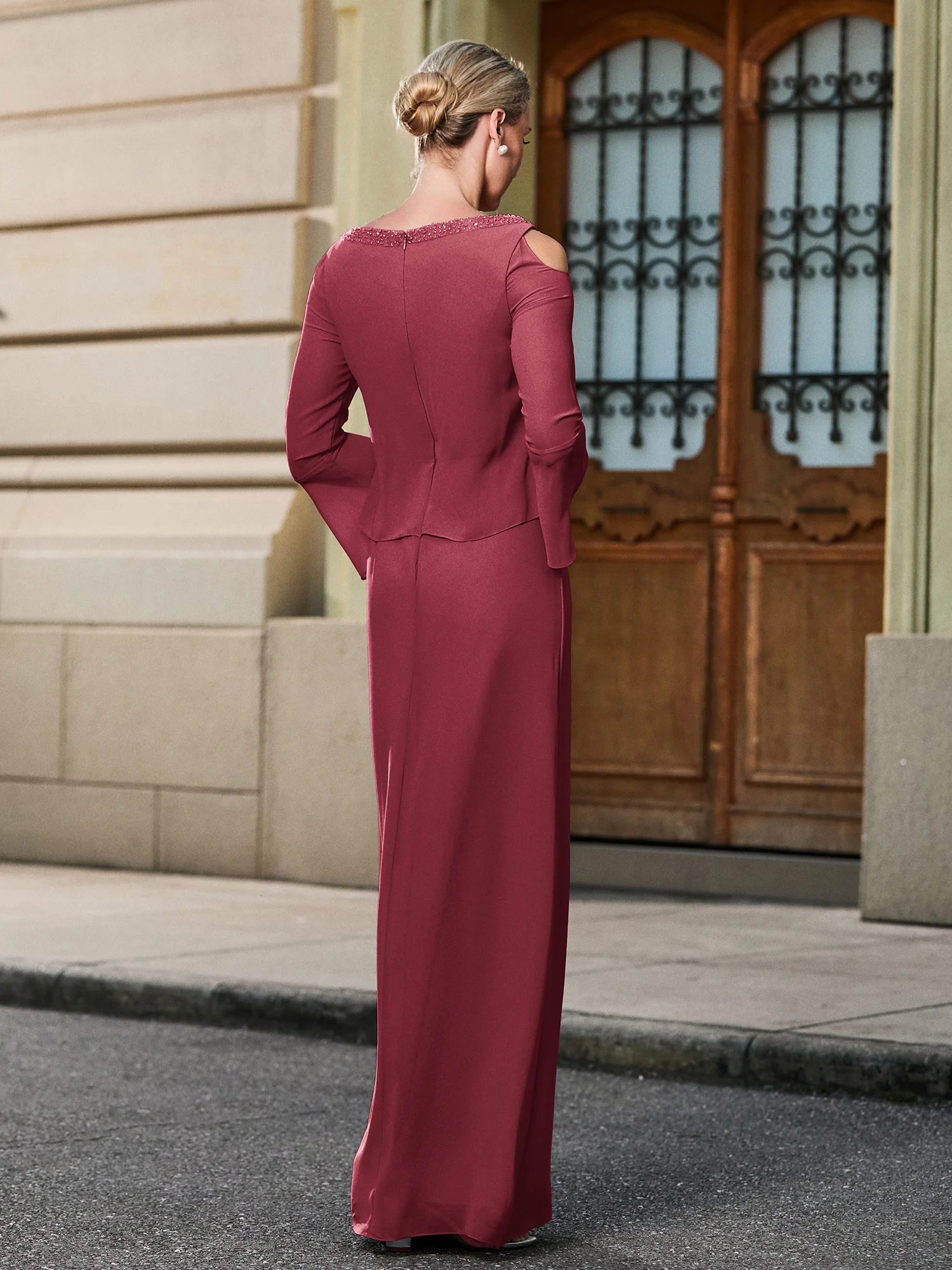 V-neck Long Sleeve Faux Two-piece Chiffon Gown Cinnamon Rose - Image 2