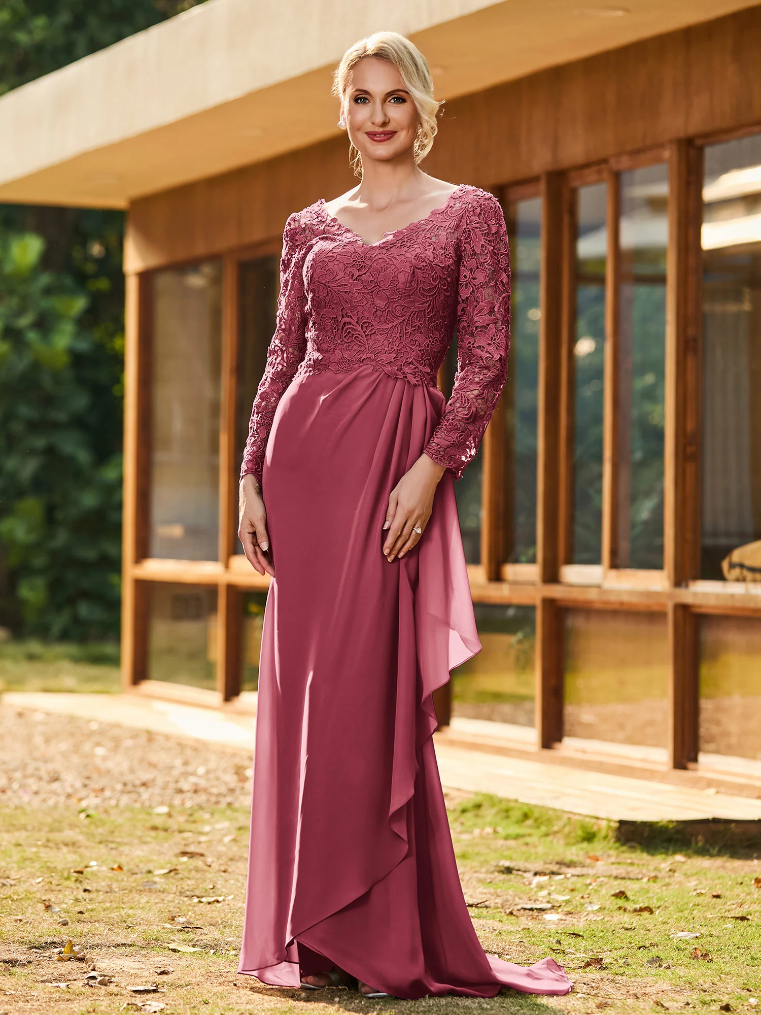 V-Neck Long Sleeves Chiffon Pleated Dress Cinnamon Rose