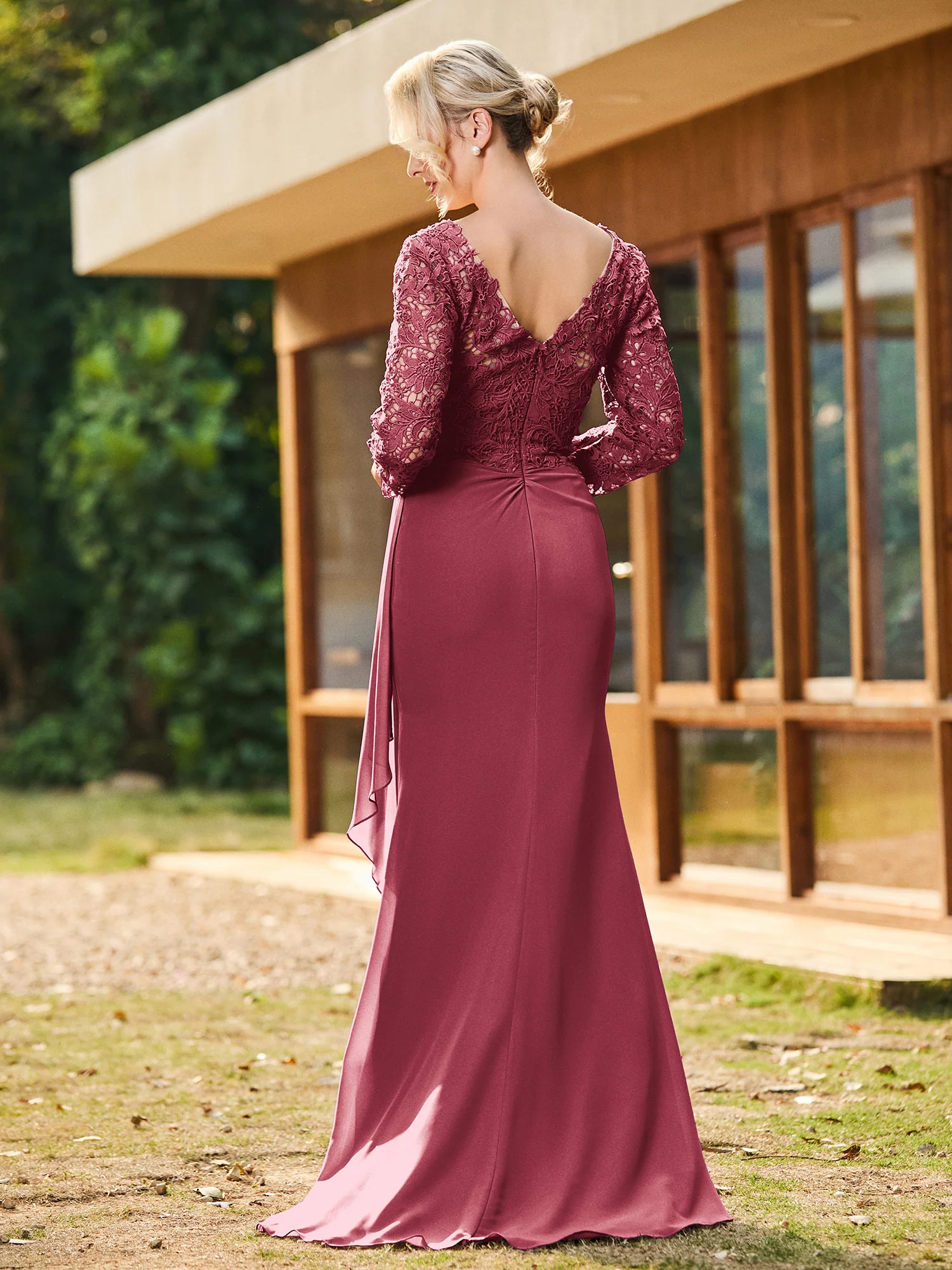 V-Neck Long Sleeves Chiffon Pleated Dress Cinnamon Rose - Image 2
