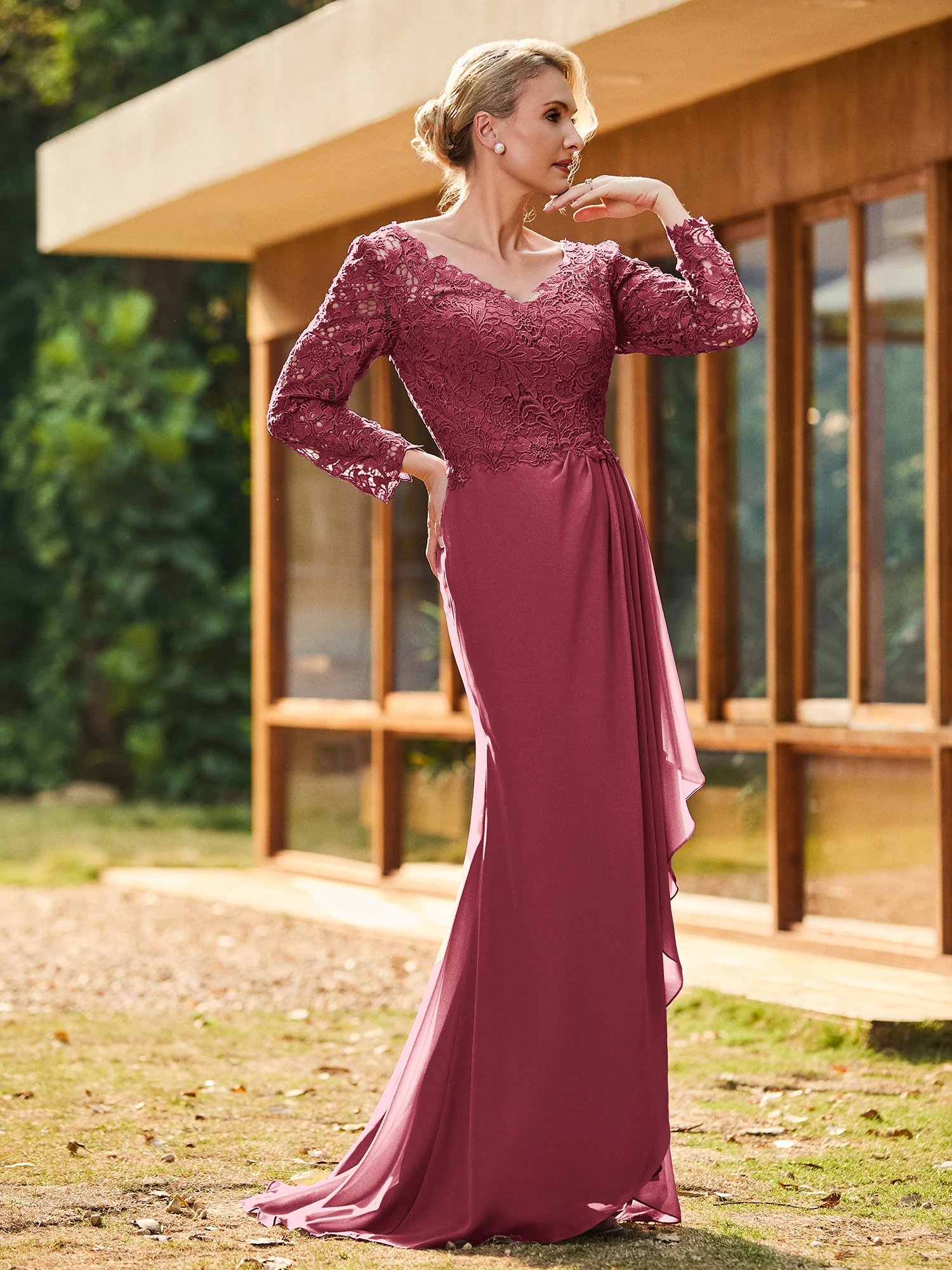 V-Neck Long Sleeves Chiffon Pleated Dress Cinnamon Rose - Image 3