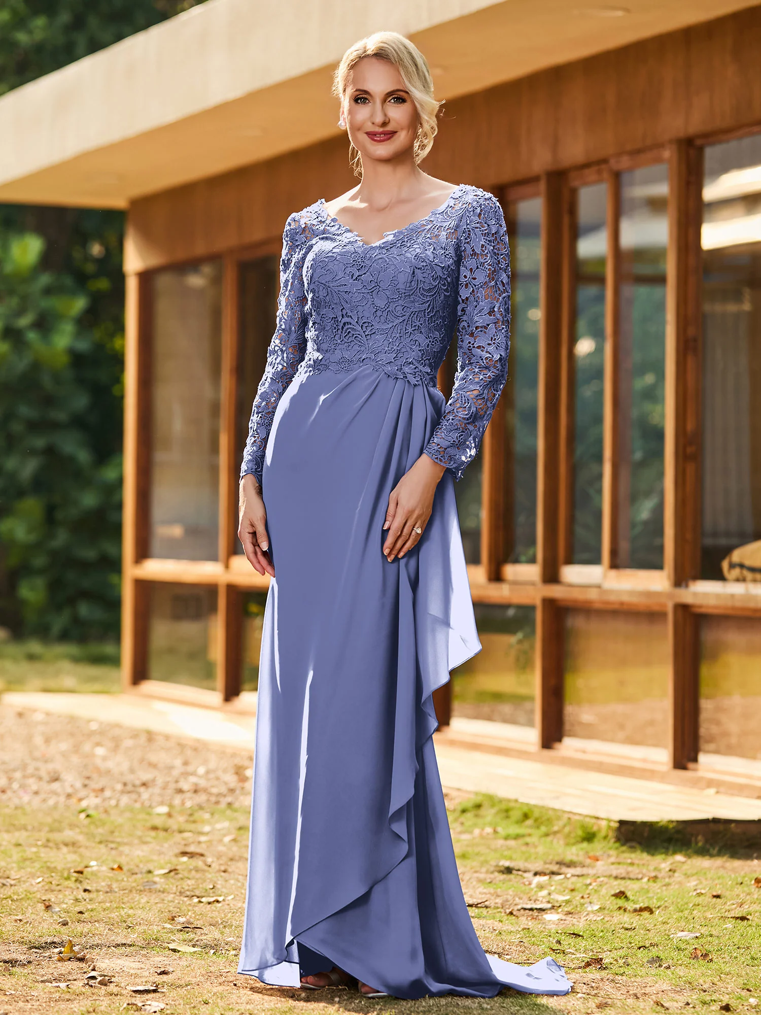 V-Neck Long Sleeves Chiffon Pleated Dress Periwinkle