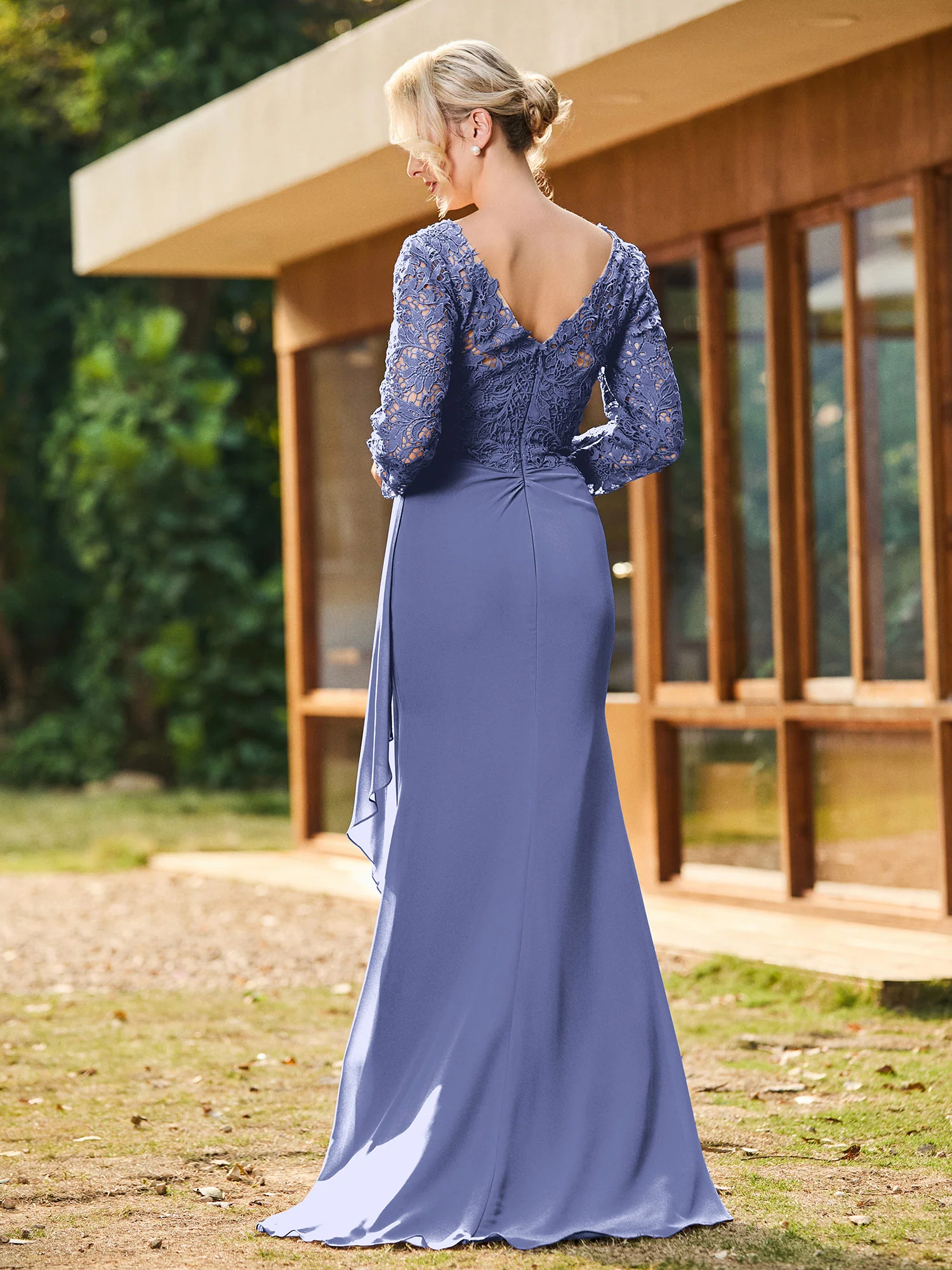 V-Neck Long Sleeves Chiffon Pleated Dress Periwinkle - Image 2