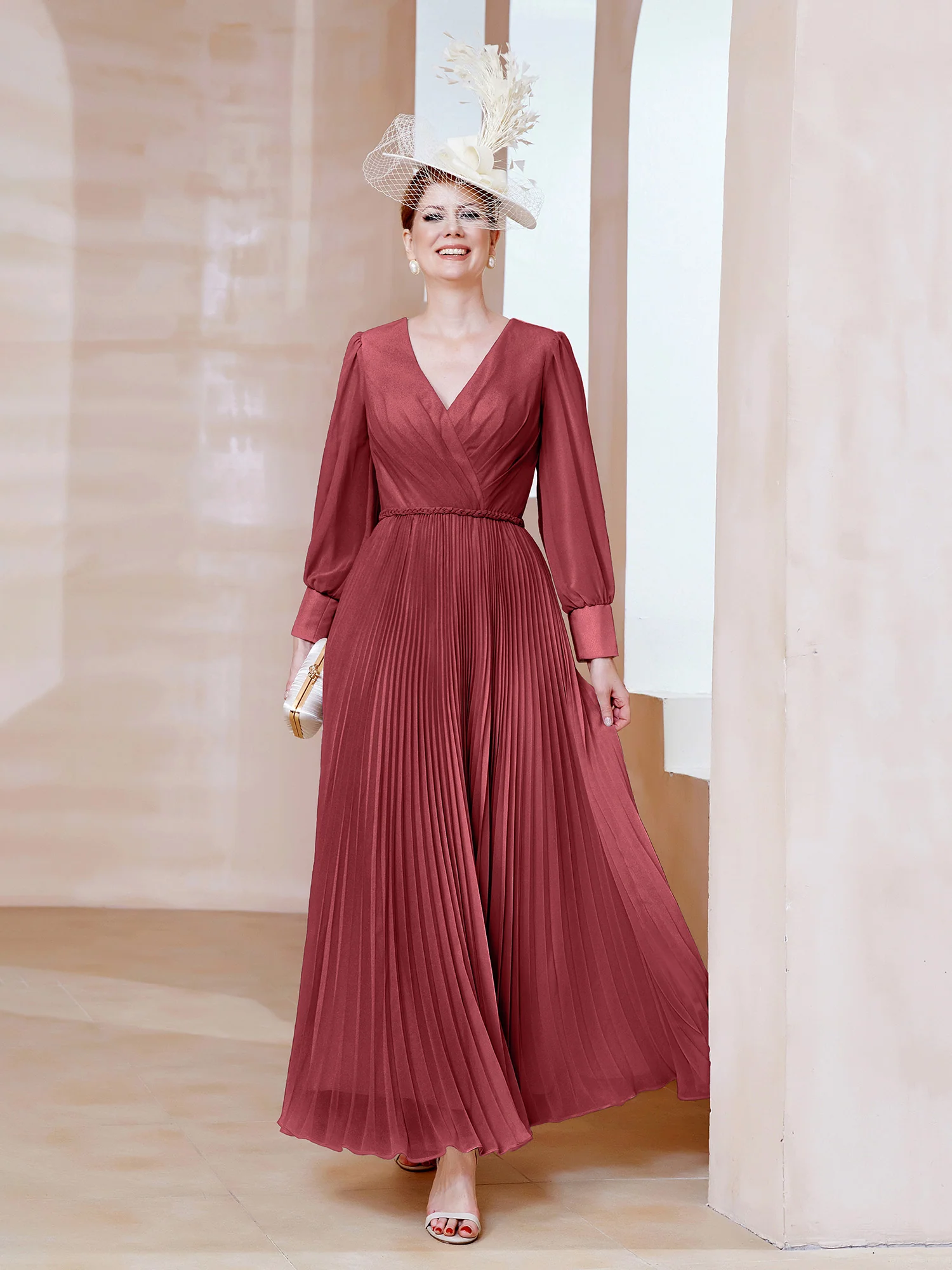 V-neck Long Sleeves Pleated Ruched Dress Cinnamon Rose