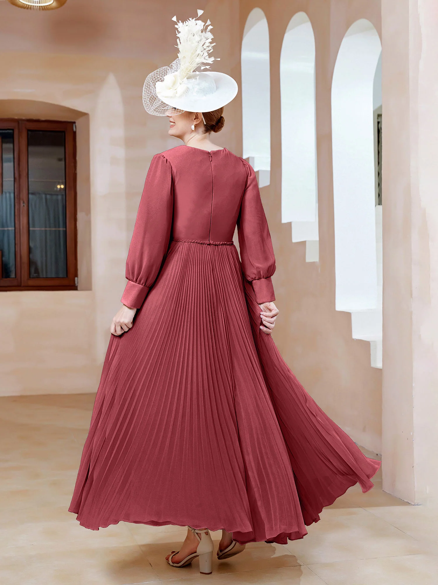 V-neck Long Sleeves Pleated Ruched Dress Cinnamon Rose - Image 2