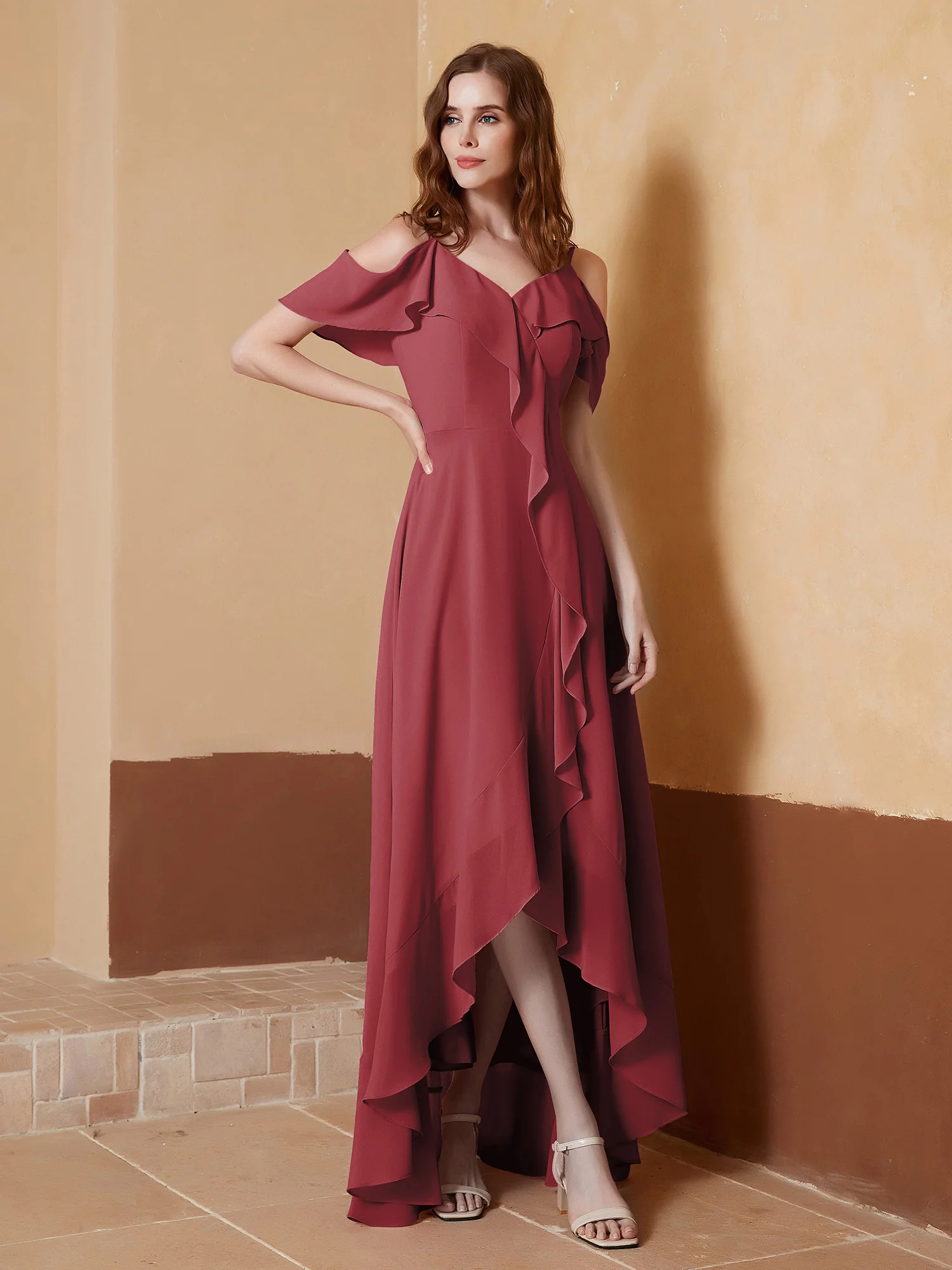 V-neck Off Shoulder Ruffles Asymmetrical Dress Cinnamon Rose Plus Size