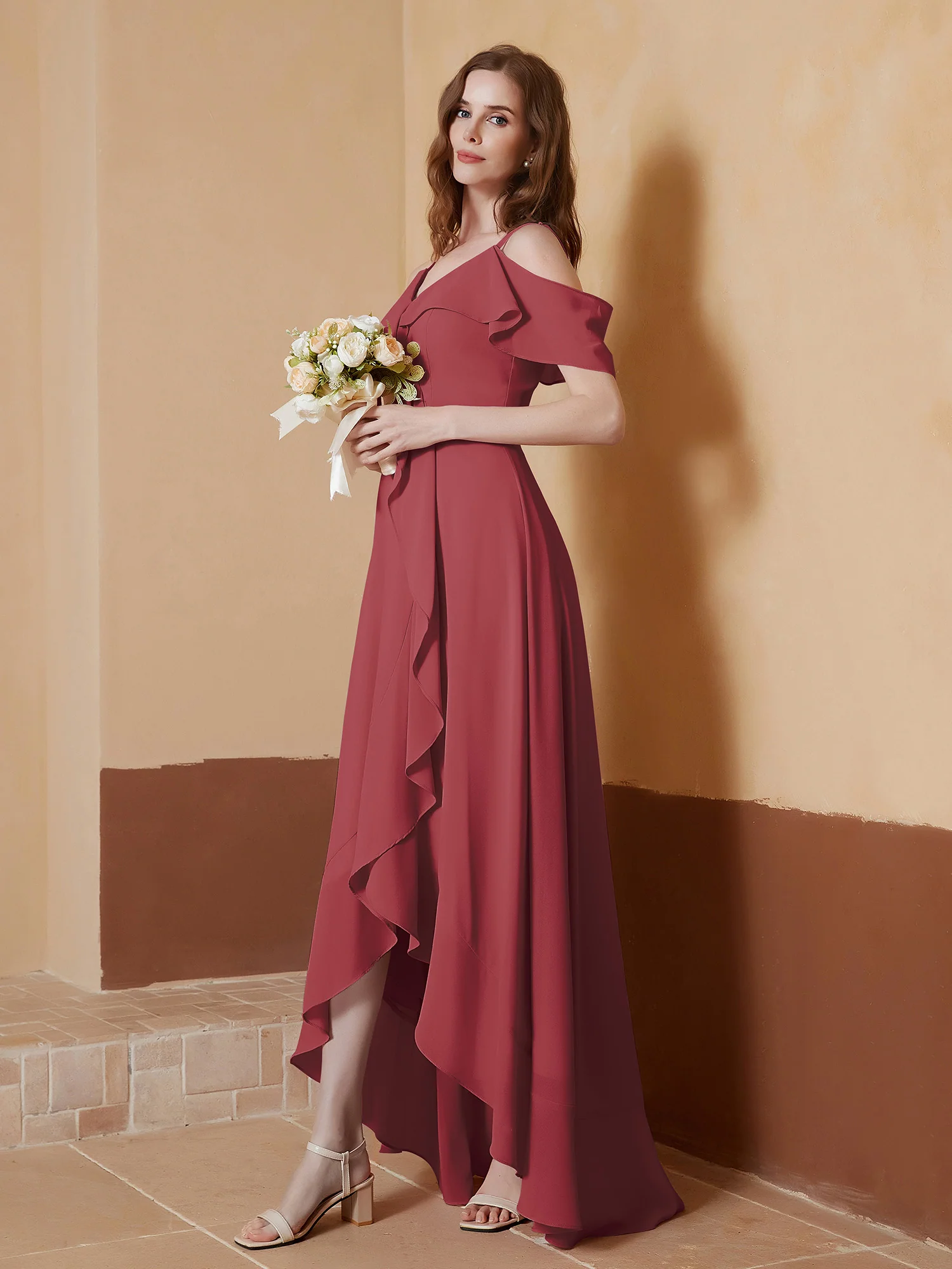 V-neck Off Shoulder Ruffles Asymmetrical Dress Cinnamon Rose Plus Size - Image 3