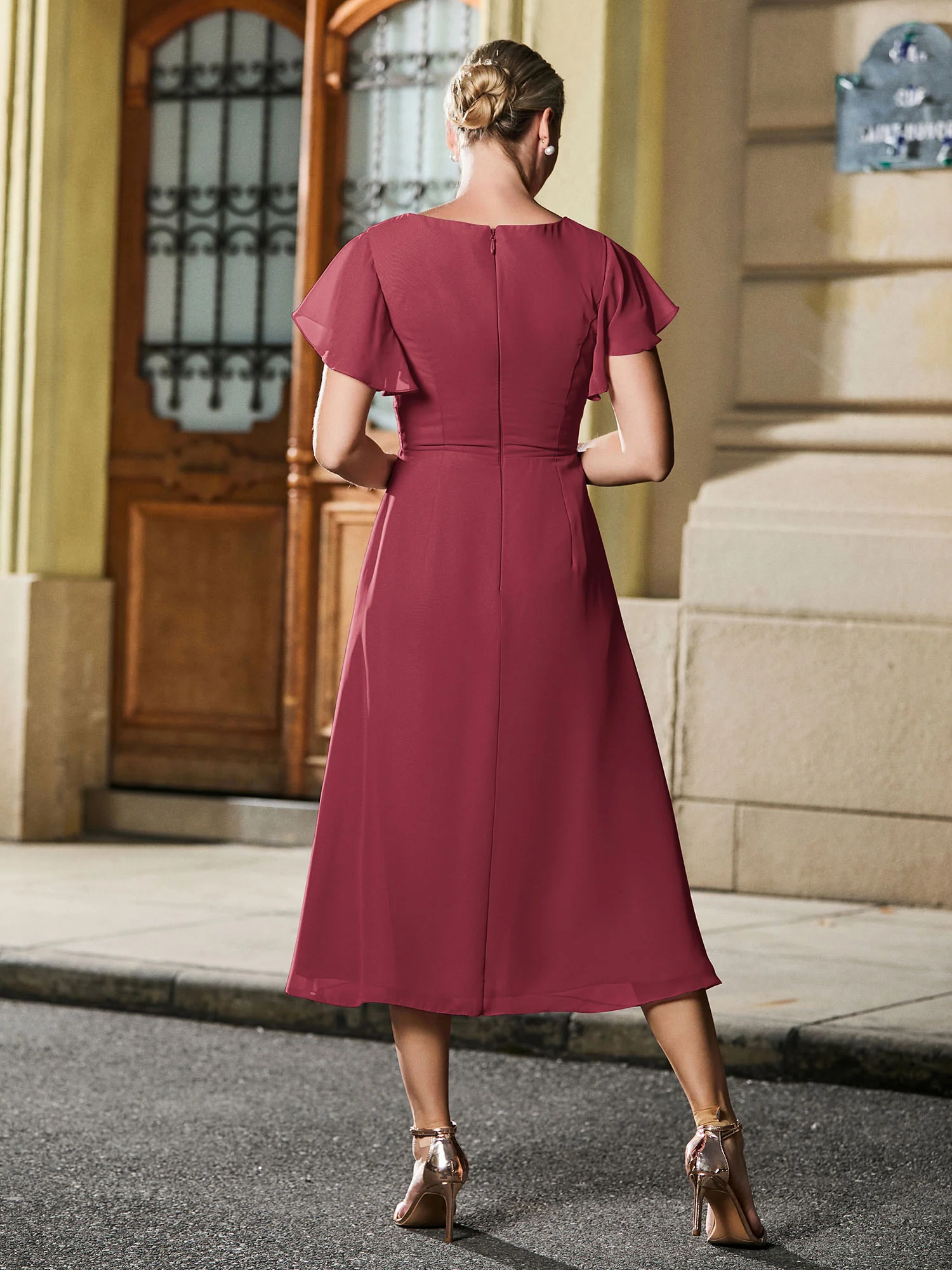 V-neck Pleated A-line Chiffon Tea-length Dress Cinnamon Rose - Image 2