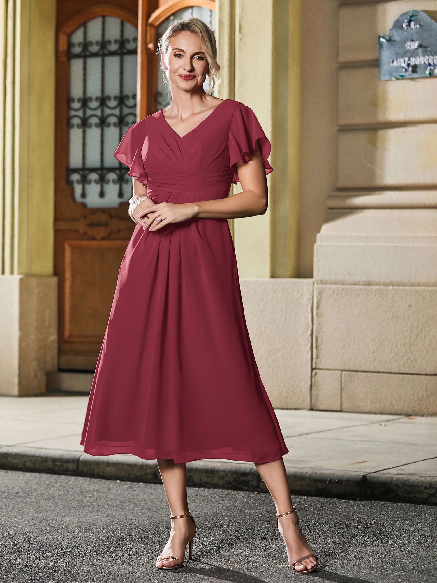 V-neck Pleated A-line Chiffon Tea-length Dress Cinnamon Rose - Image 3