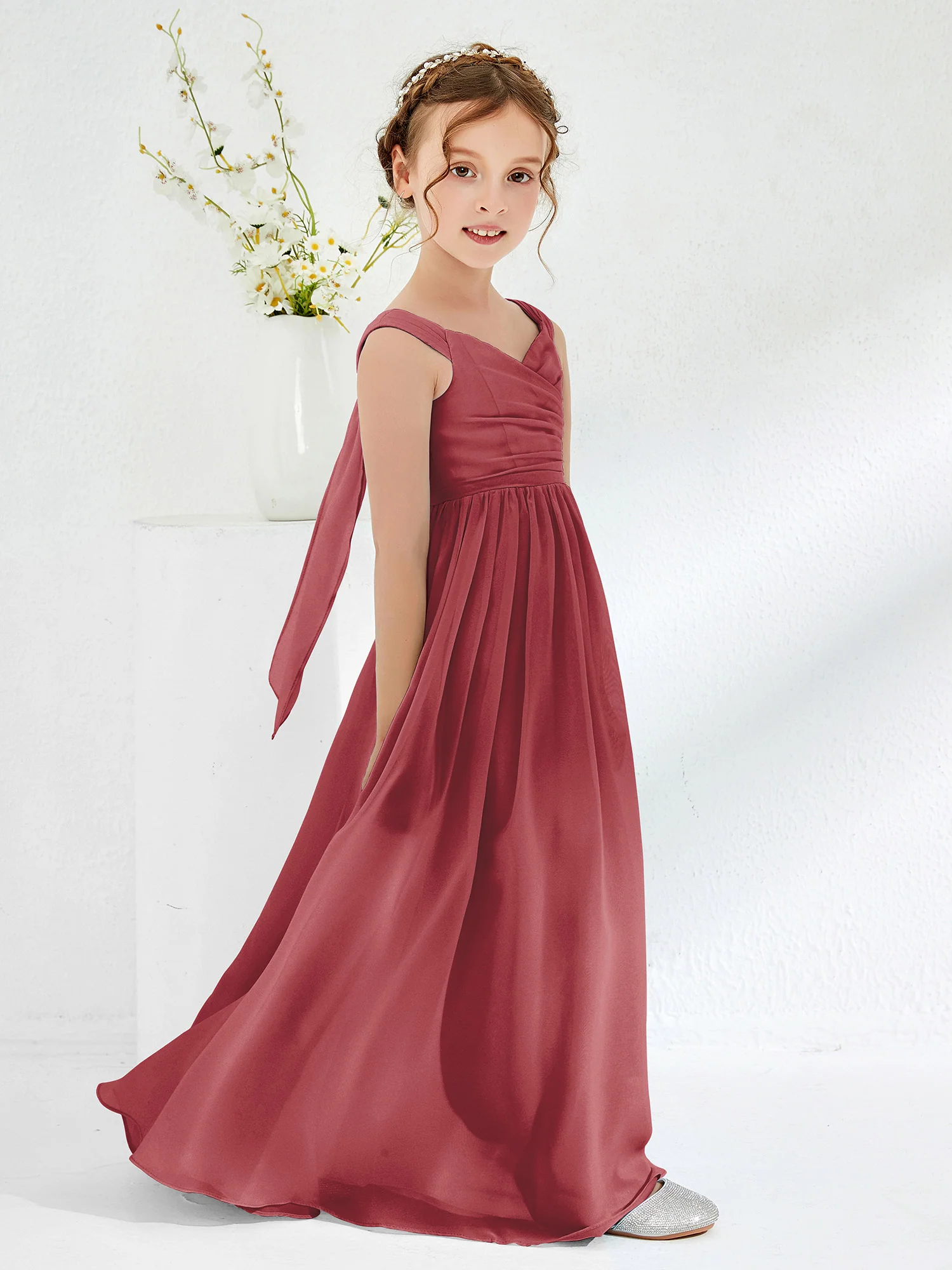 V-neck Pleated A-line Junior Bridesmaid Gowns Cinnamon Rose - Image 3