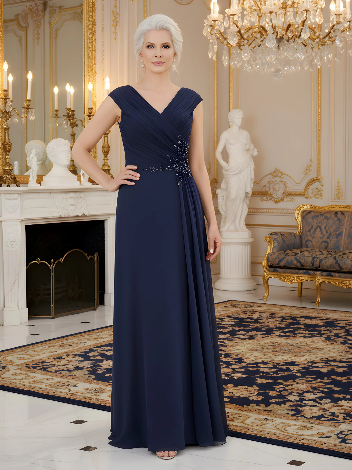 V-neck Pleated Bodice Applique Long Dress Dark Navy
