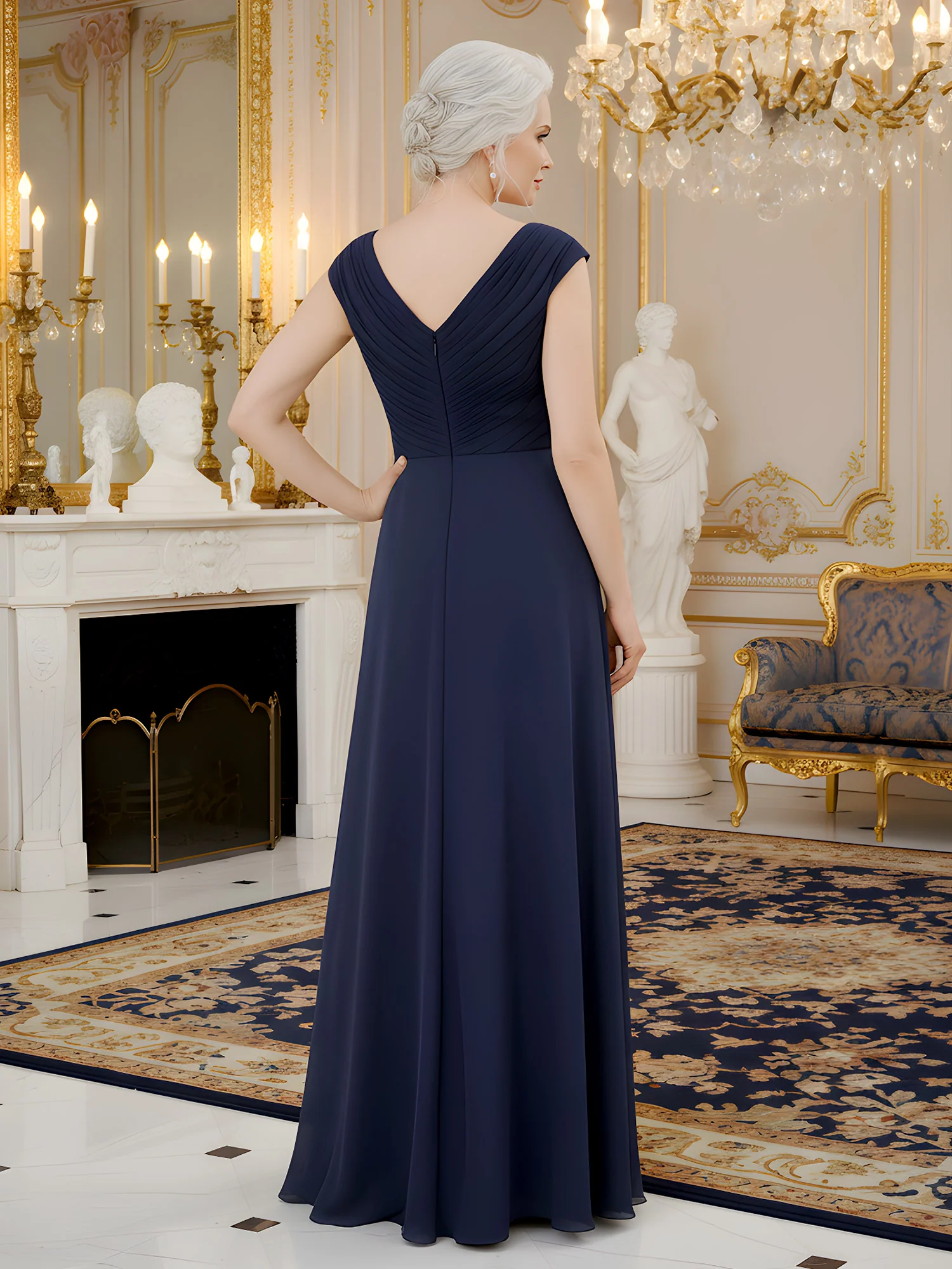V-neck Pleated Bodice Applique Long Dress Dark Navy - Image 2