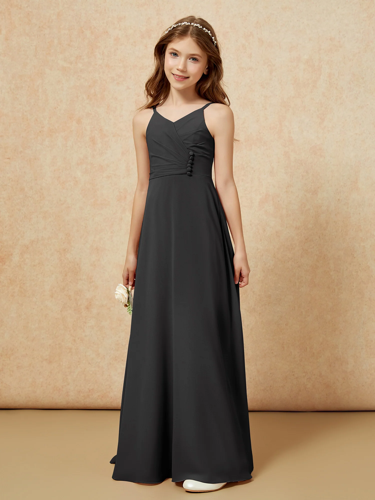 V-neck Pleated Chiffon Long Junior Bridesmaid Dresses Black