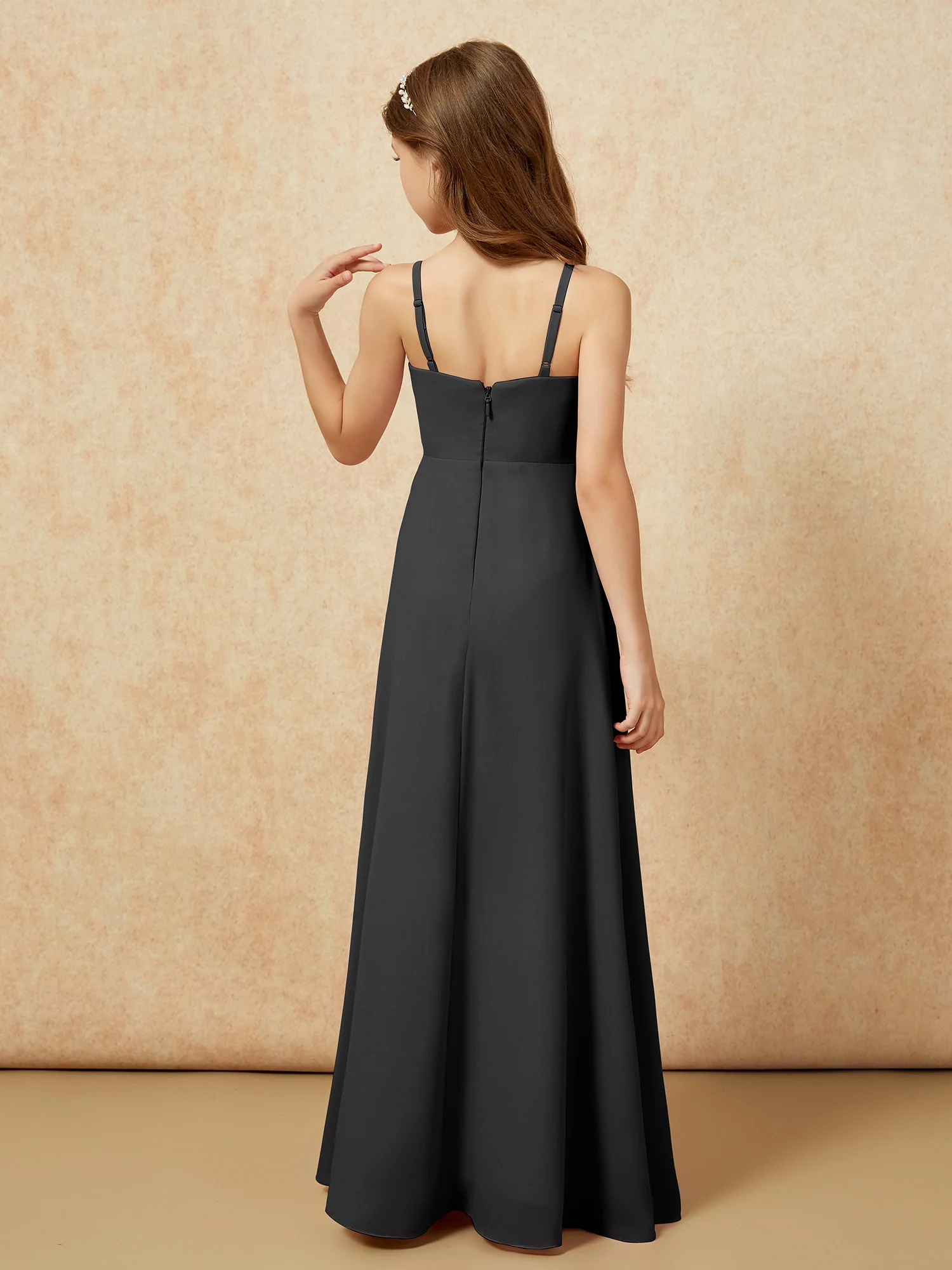V-neck Pleated Chiffon Long Junior Bridesmaid Dresses Black - Image 2