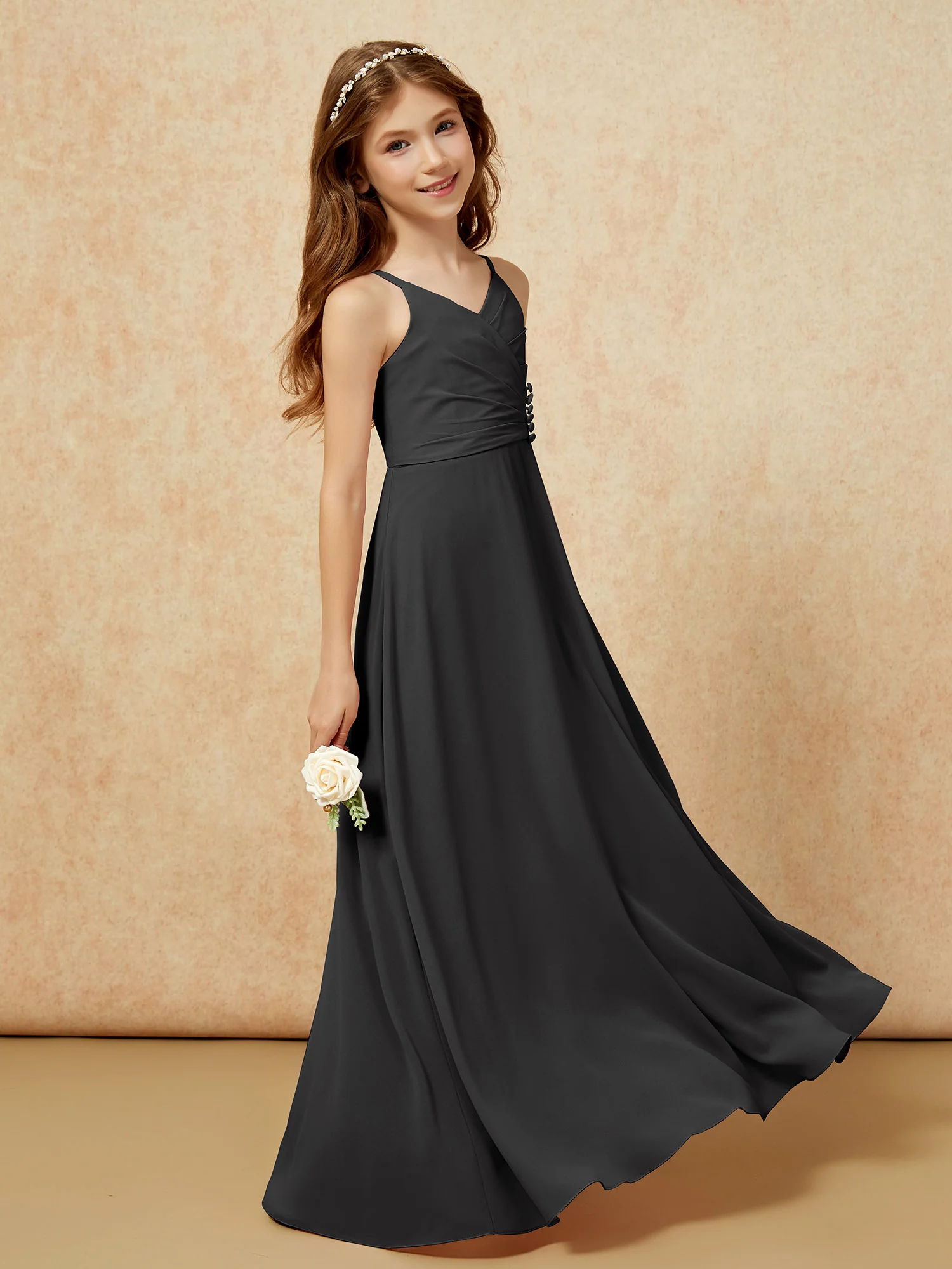 V-neck Pleated Chiffon Long Junior Bridesmaid Dresses Black - Image 3
